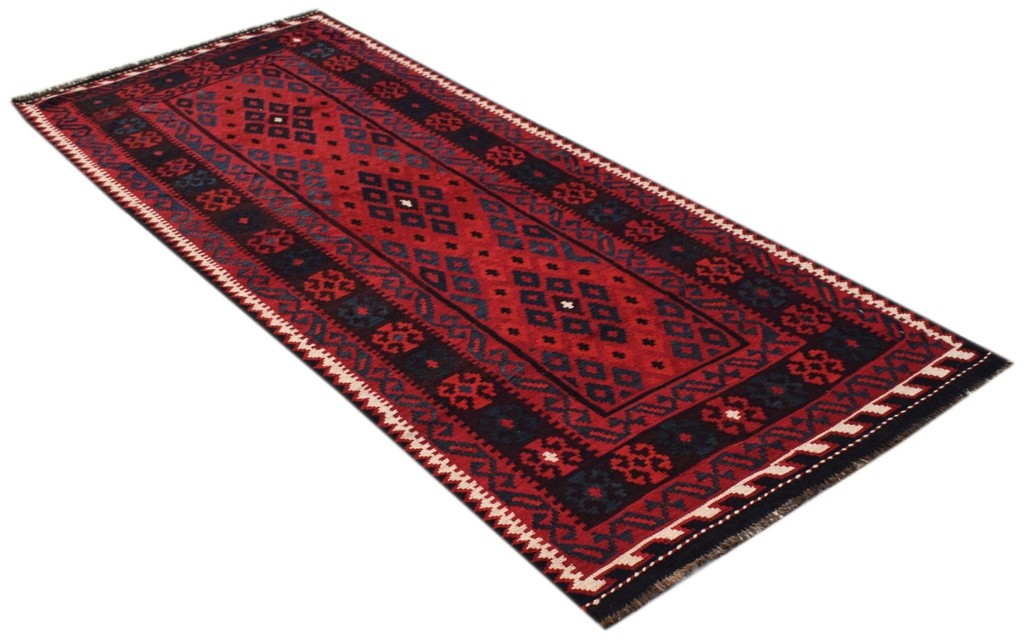 A rectangular Afghan Maimana kilim rug featuring a geometric pattern in red and dark blue.