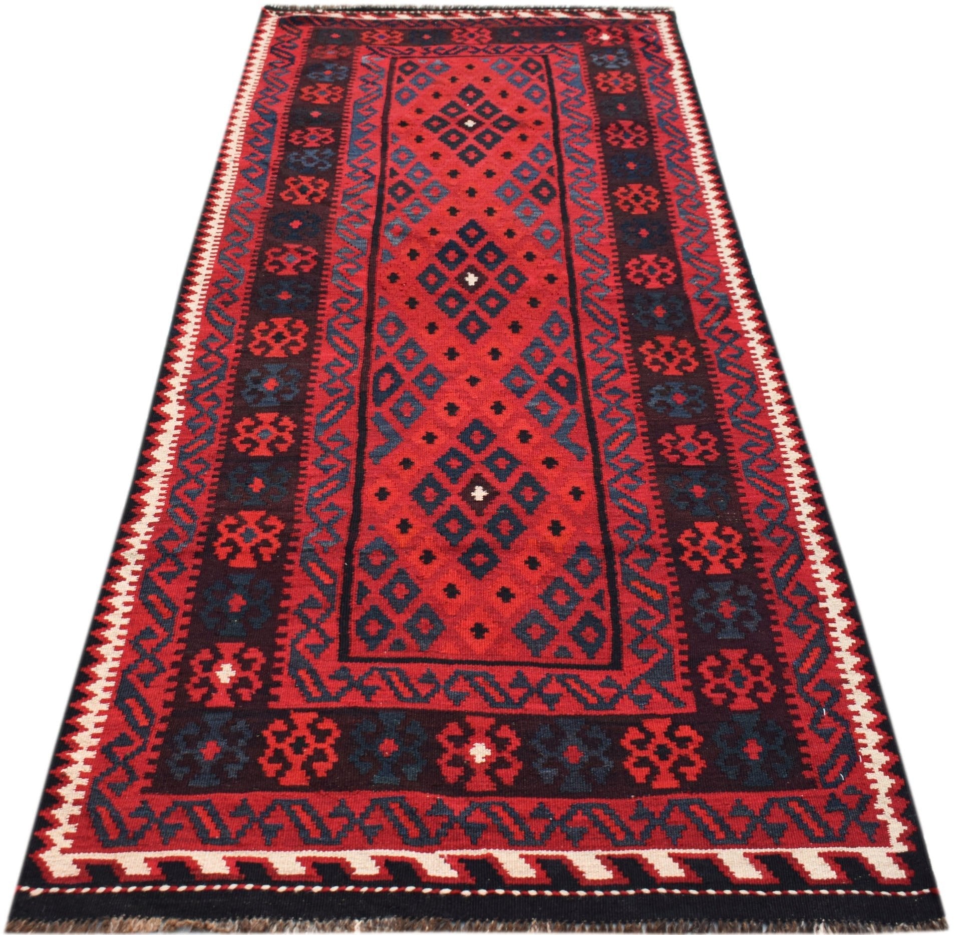 Handwoven Afghan Maimana kilim runner featuring a red field with geometric diamond patterns.