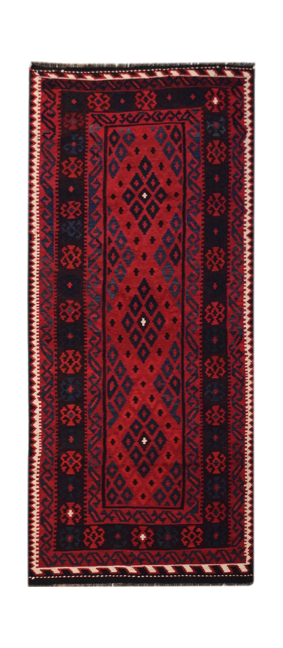 Handwoven Afghan Maimana kilim featuring a red field with geometric diamond patterns.