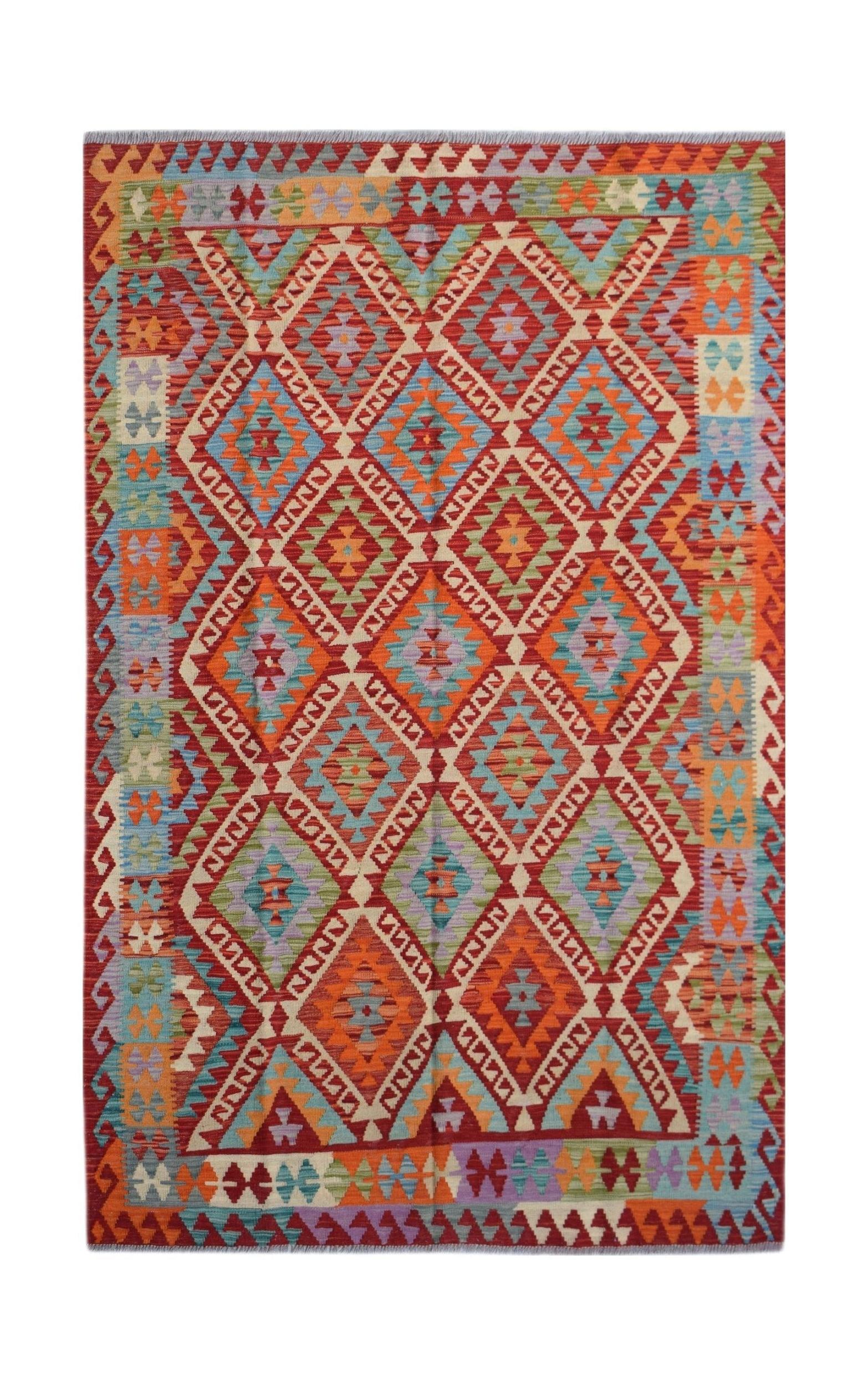 Handwoven Afghan Maimana kilim rug featuring a vibrant geometric diamond pattern in wool.