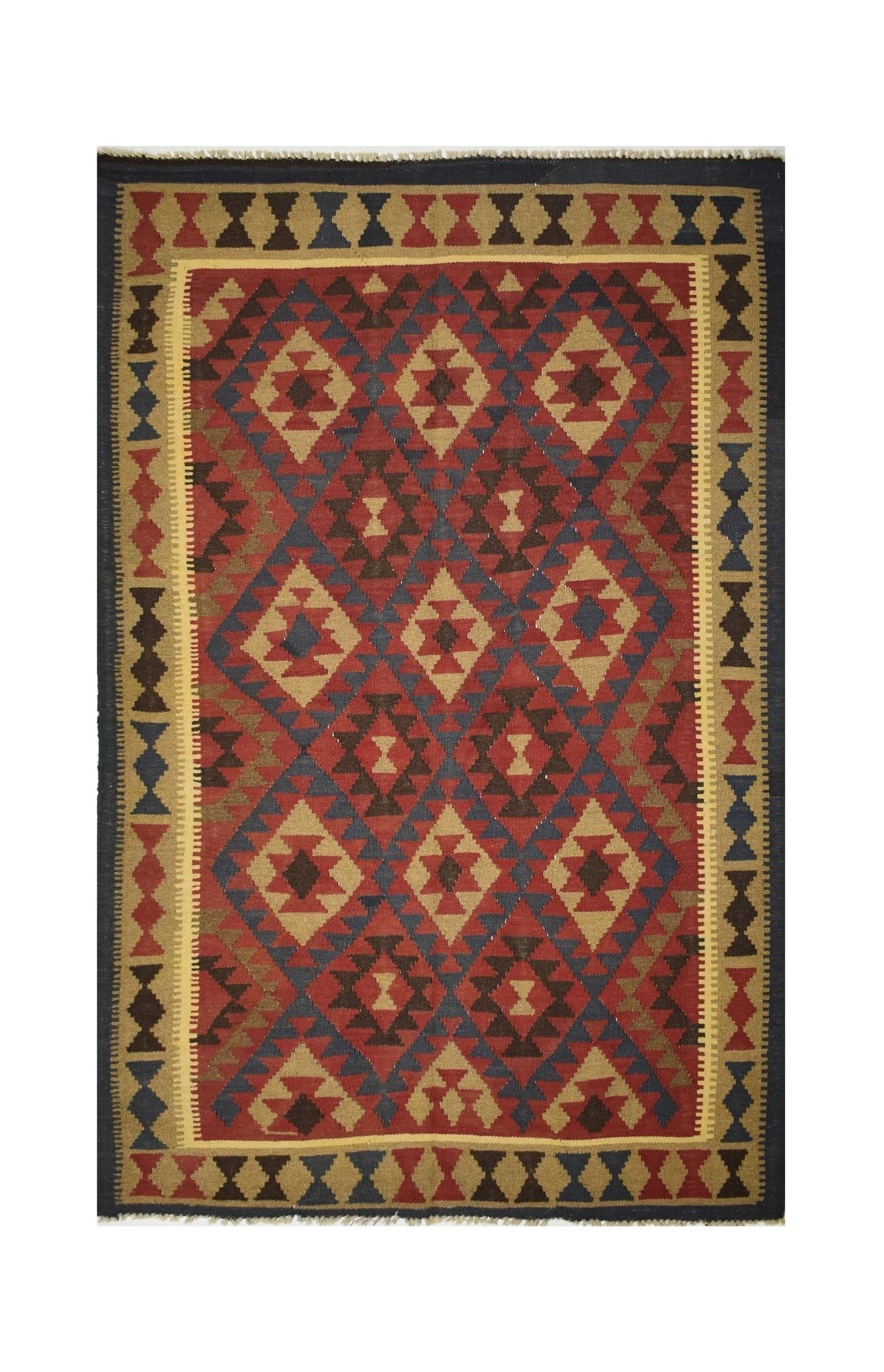 Handmade Afghan Maimana kilim rug featuring a geometric diamond pattern in red, blue, and tan.