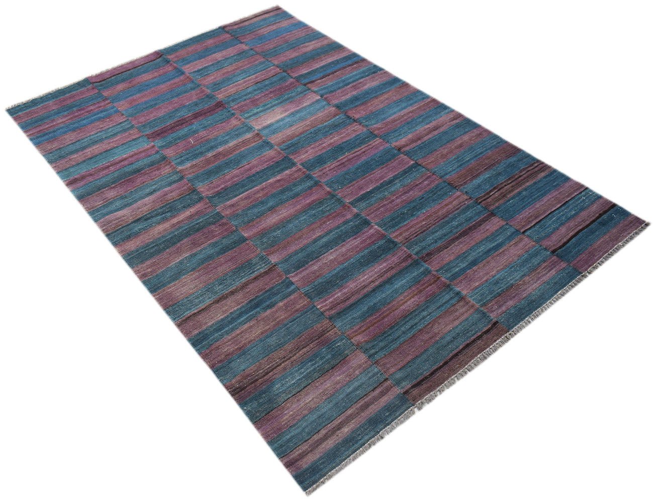 Handwoven Afghan Maimana kilim rug featuring a striped pattern in shades of blue and purple.