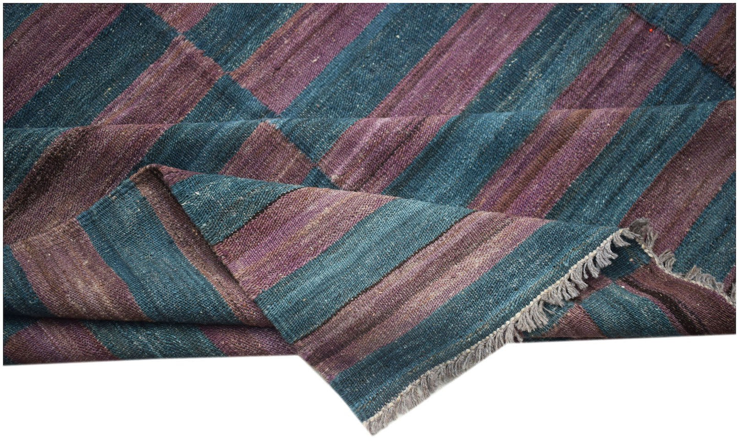 Afghan Maimana Kilim with diagonal stripes in purple and teal.