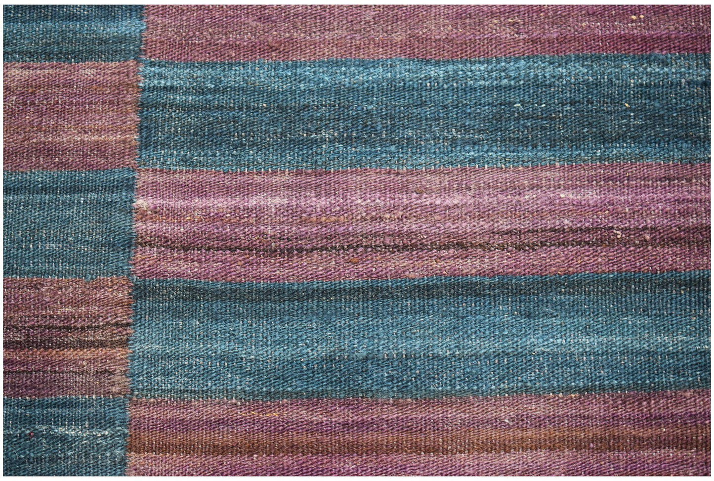 Handwoven Afghan Maimana kilim featuring a flatweave texture with horizontal blue and purple stripes.