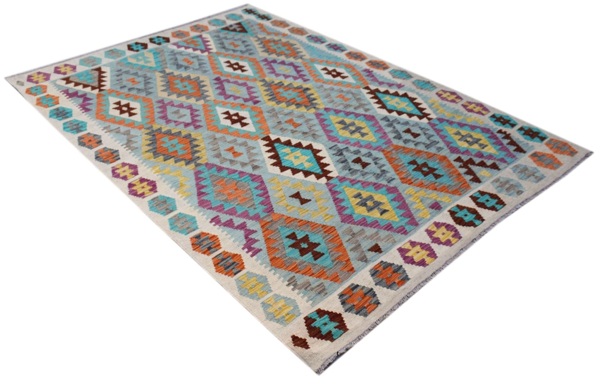 Handwoven Afghan Maimana kilim rug featuring a colorful geometric diamond pattern in wool.