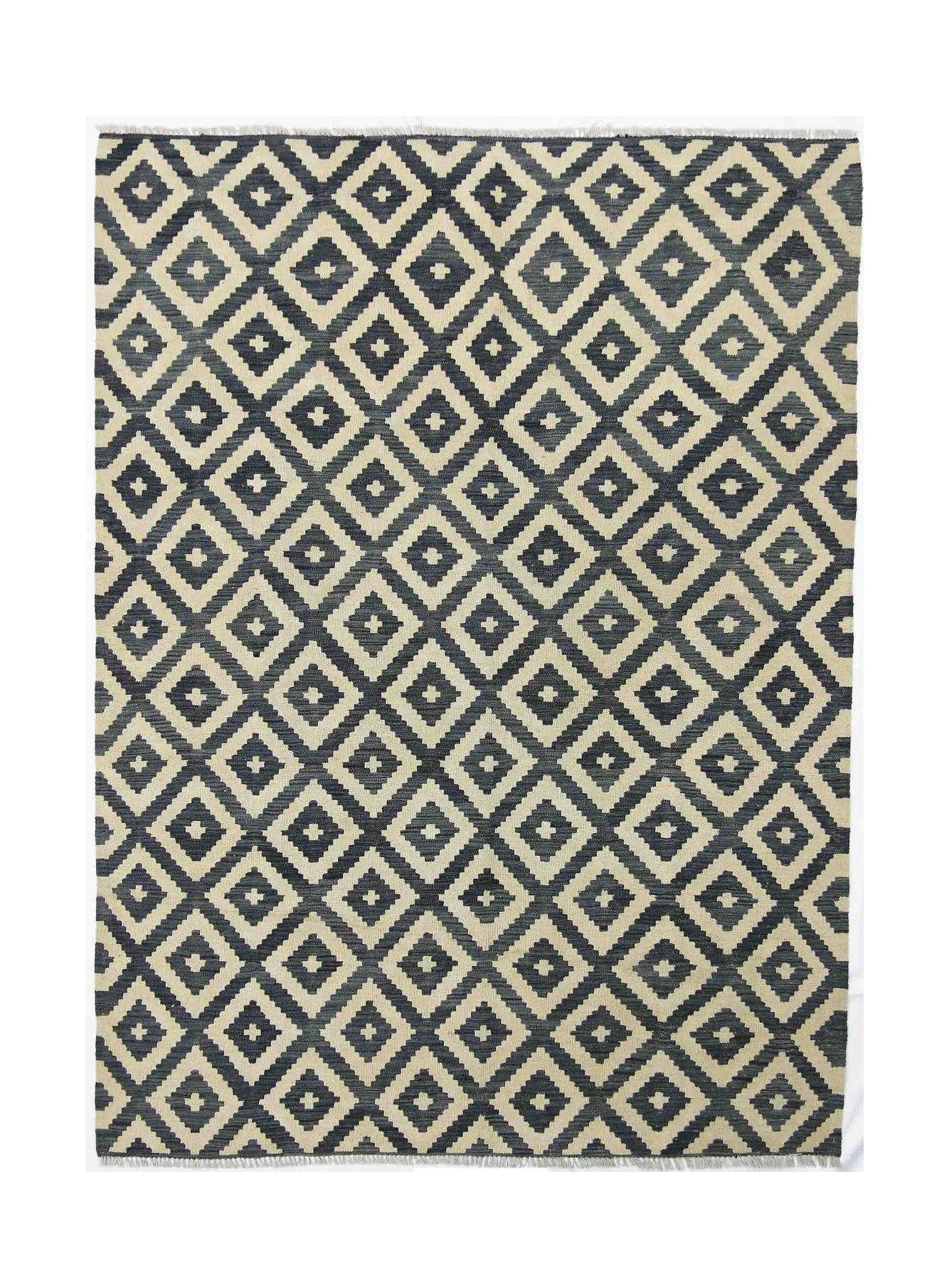 Handmade Afghan Maimana kilim rug featuring a dark grey and cream geometric diamond pattern.
