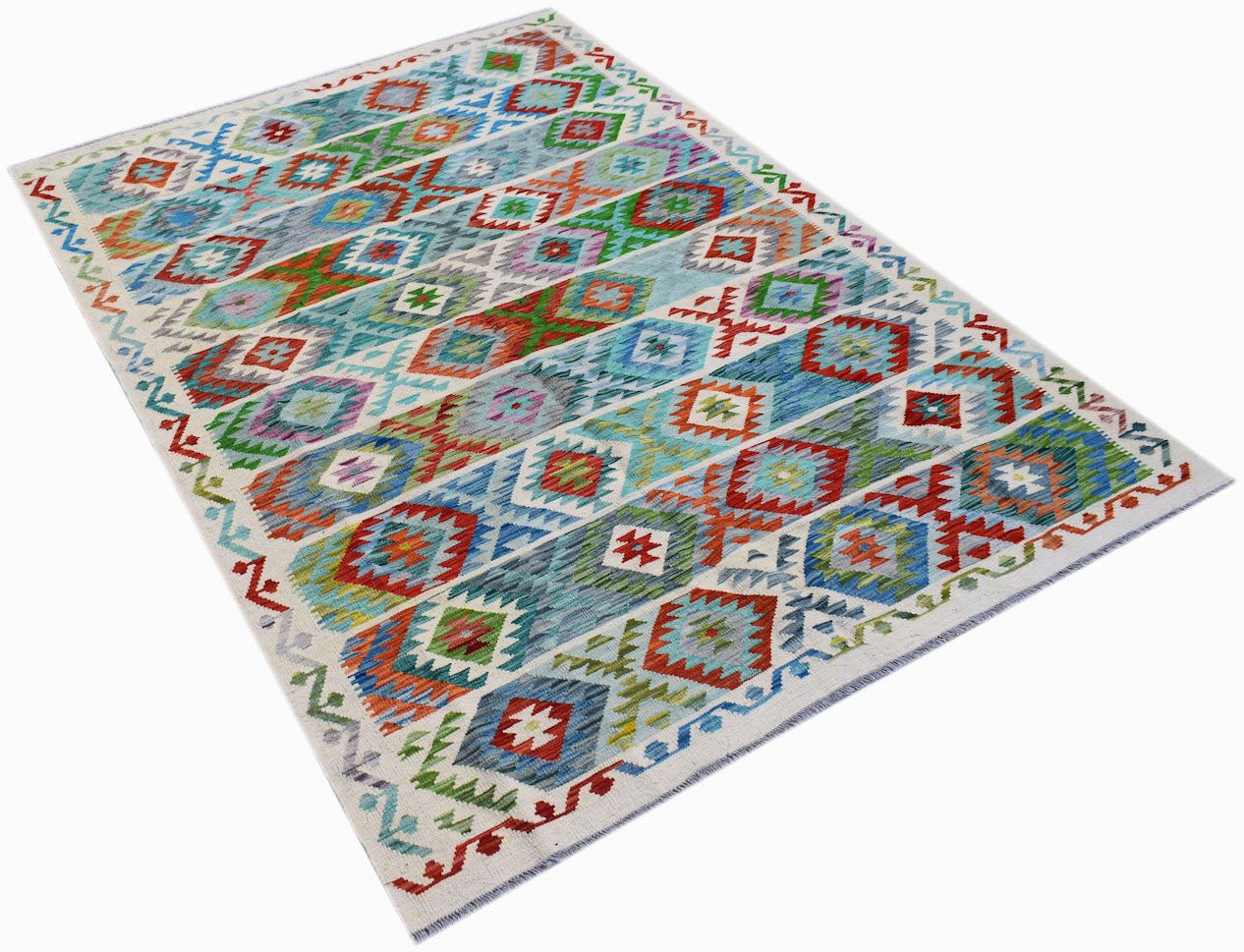Handwoven Afghan Maimana kilim rug featuring a colorful geometric diamond pattern in wool.