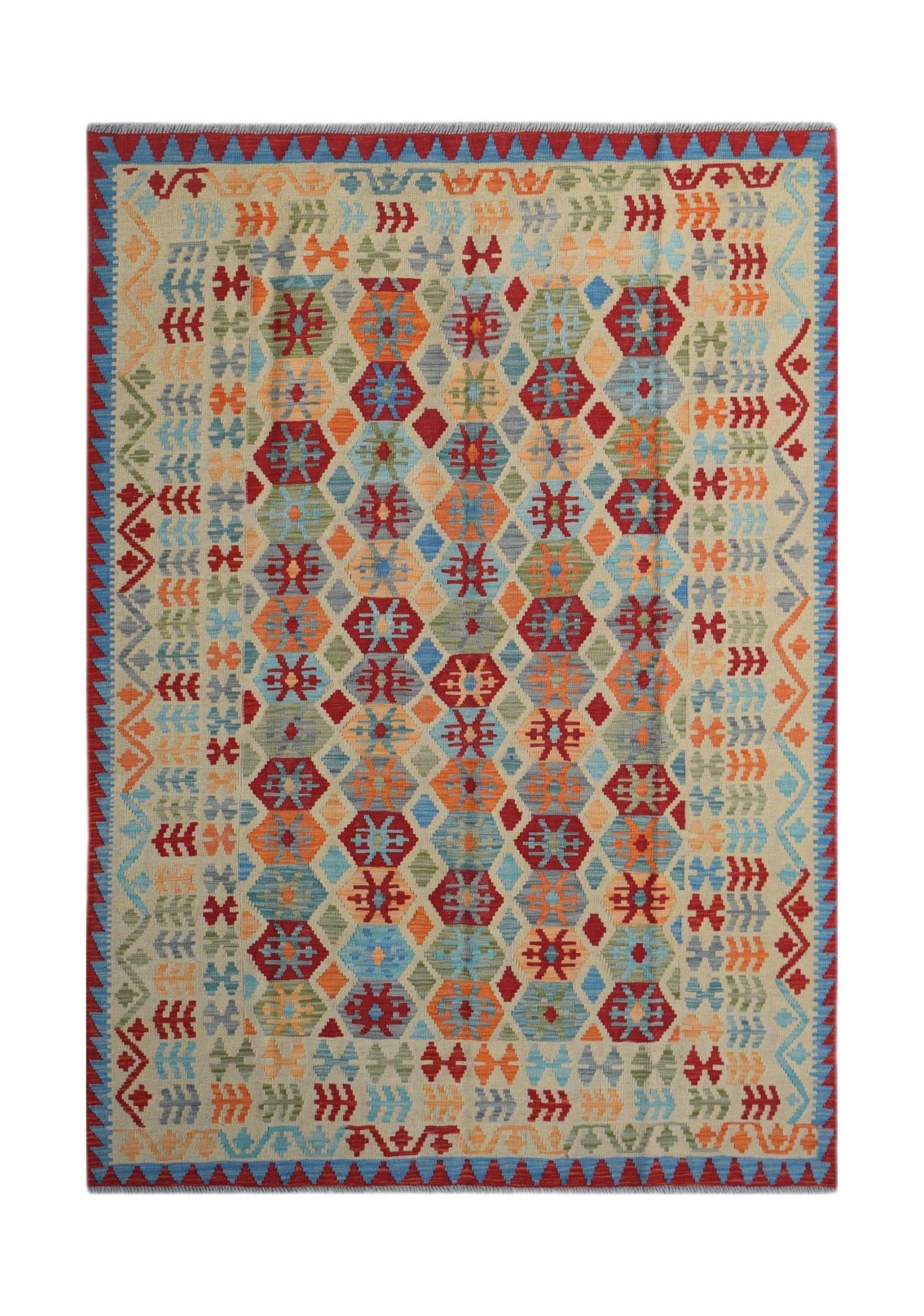 Handwoven Afghan Maimana kilim featuring a colorful geometric diamond pattern on a cream background.