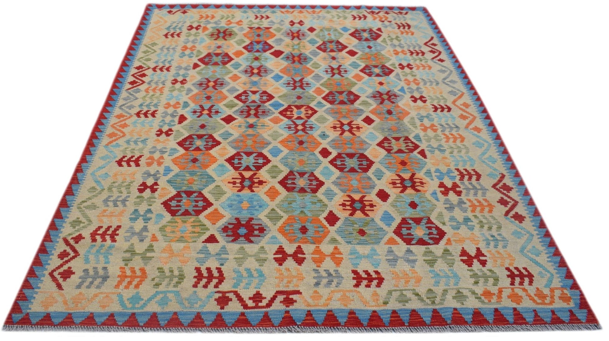 Handwoven Afghan Maimana kilim rug featuring a colorful geometric pattern on a light background.