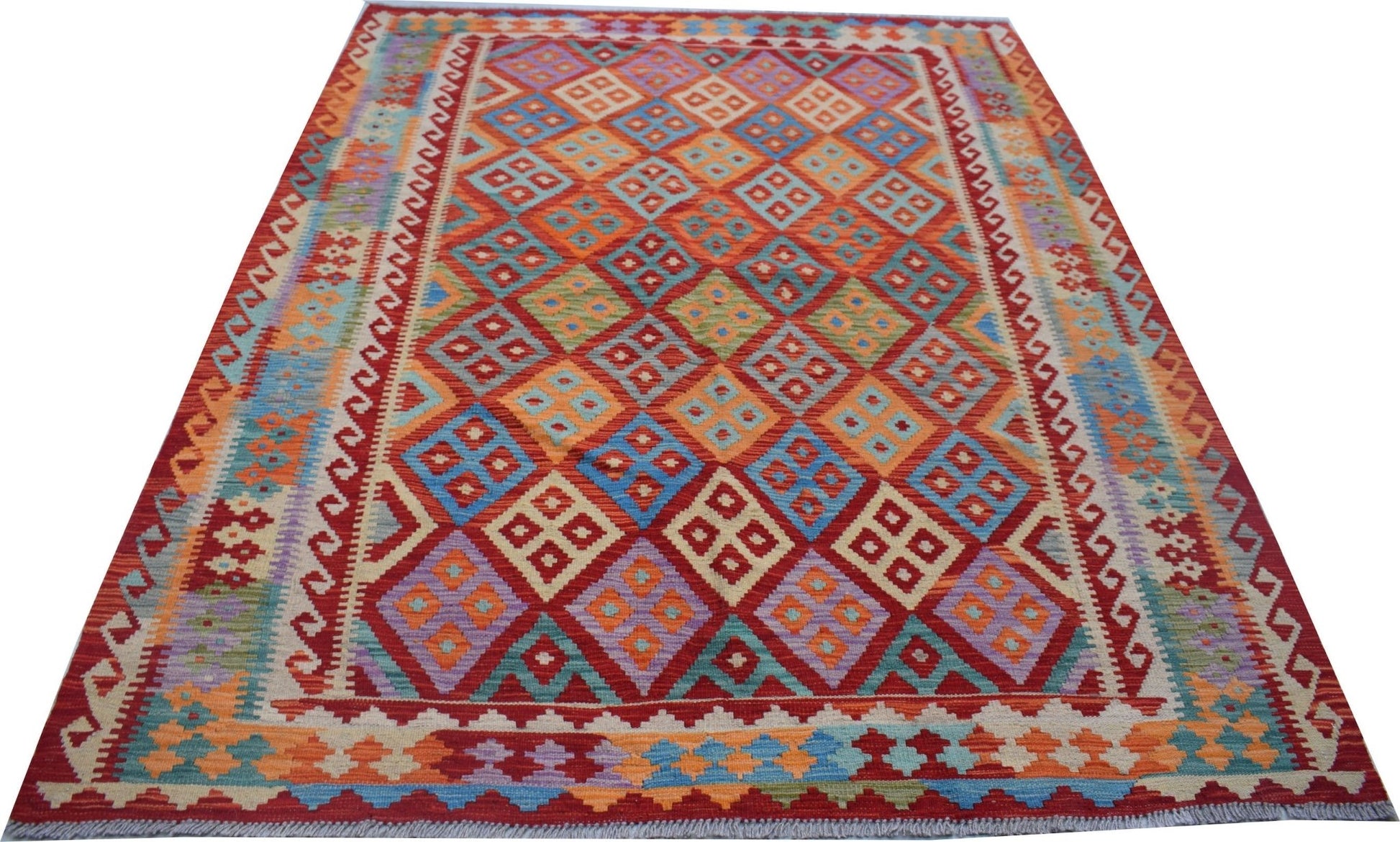 Handwoven Afghan Maimana kilim rug featuring a colorful geometric diamond pattern in wool.