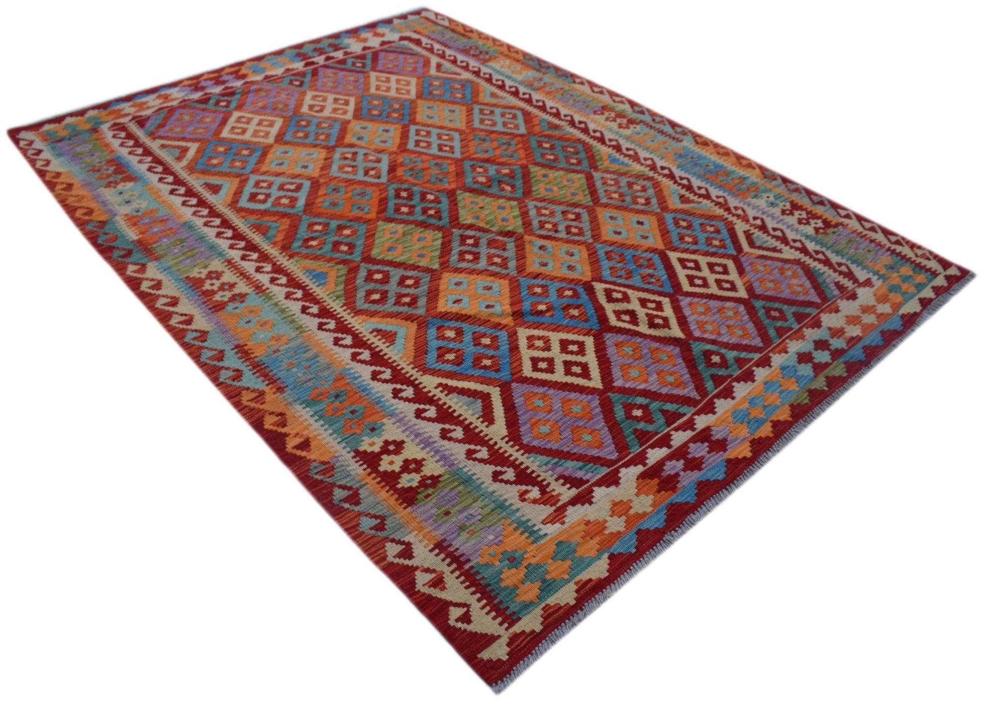 A rectangular Afghan Maimana kilim rug featuring a colorful geometric diamond pattern.
