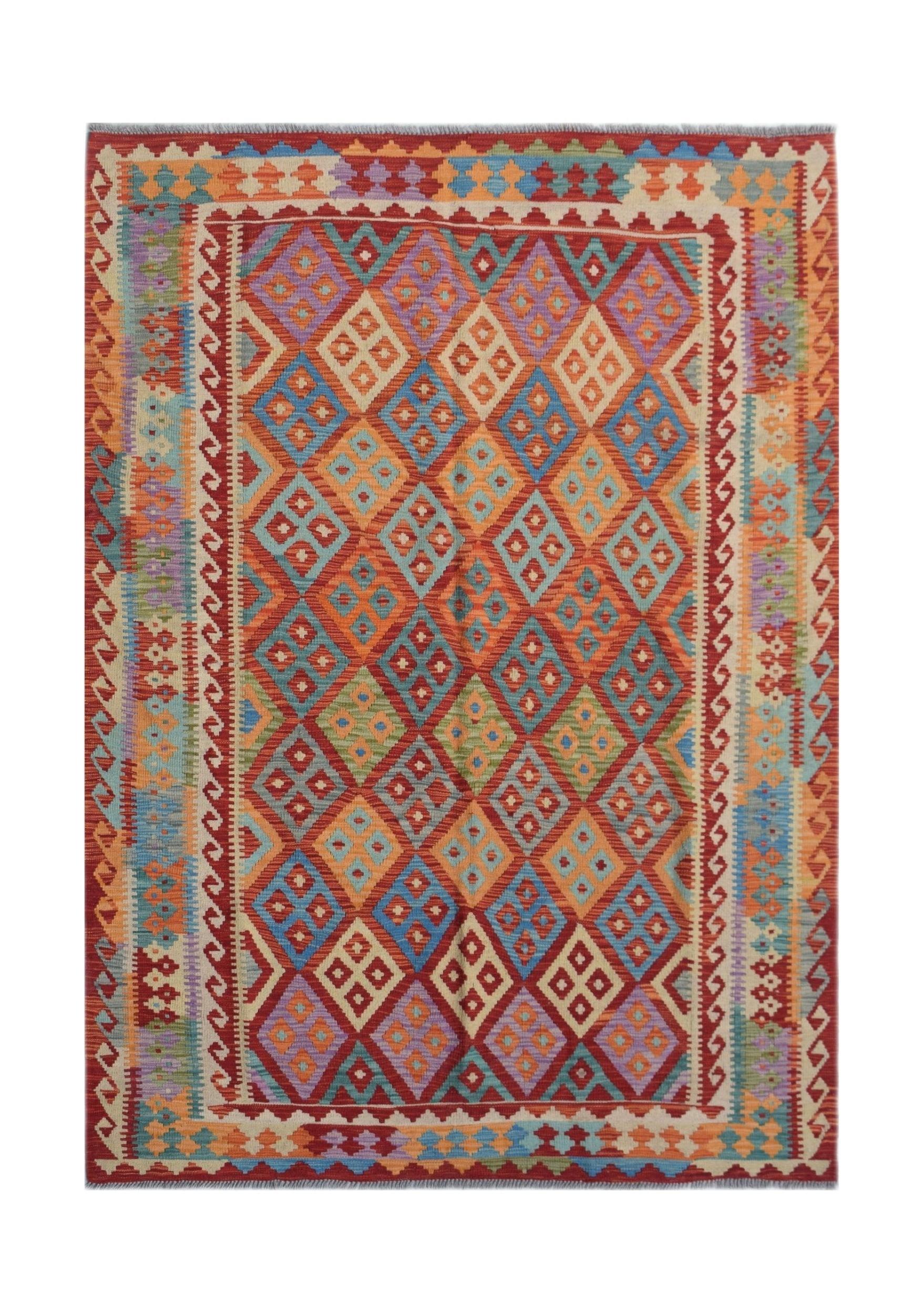 Handwoven Afghan Maimana kilim rug featuring a colorful geometric diamond pattern in wool.