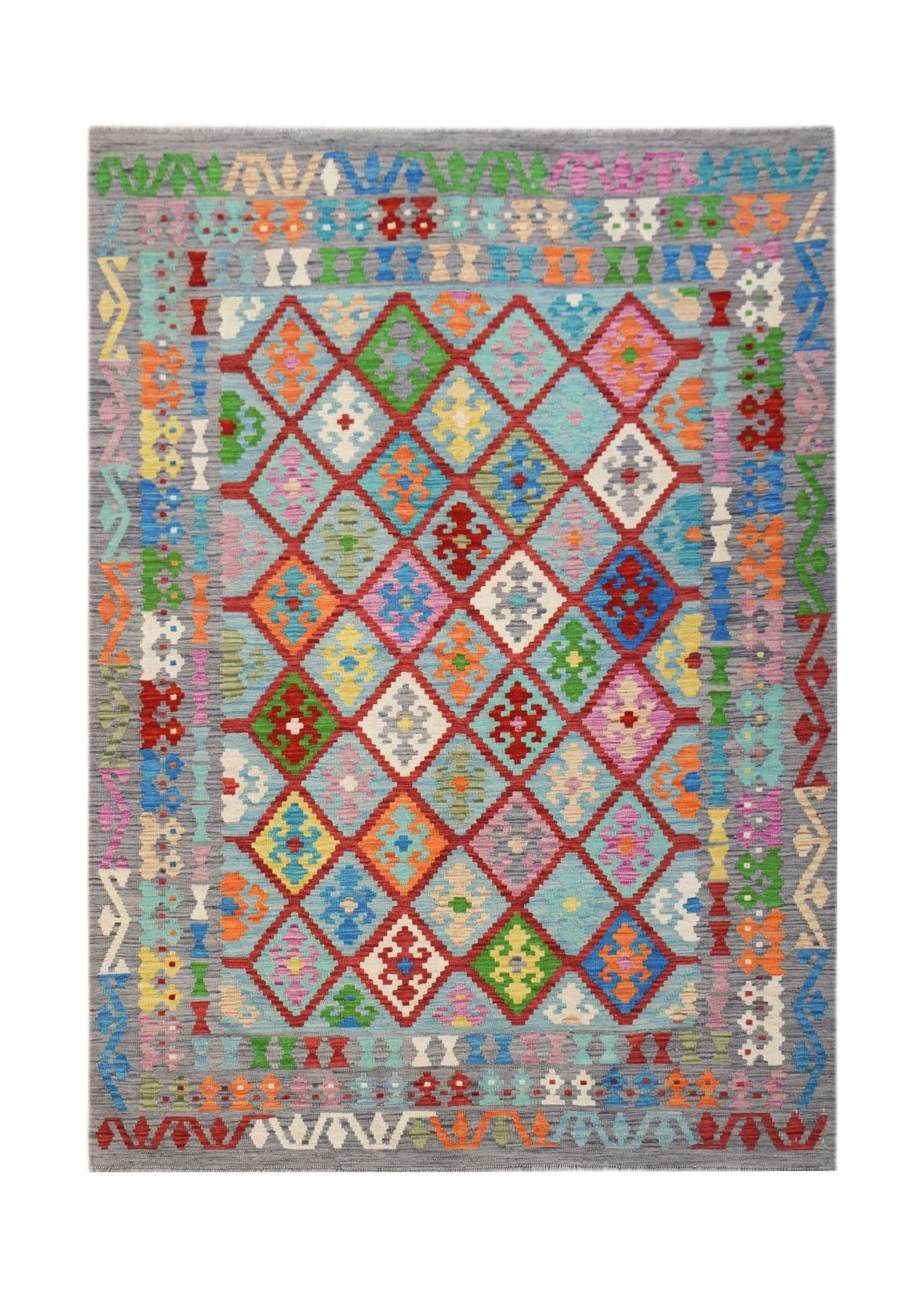 Handwoven Afghan Maimana kilim rug featuring a colorful geometric diamond pattern on a grey base.