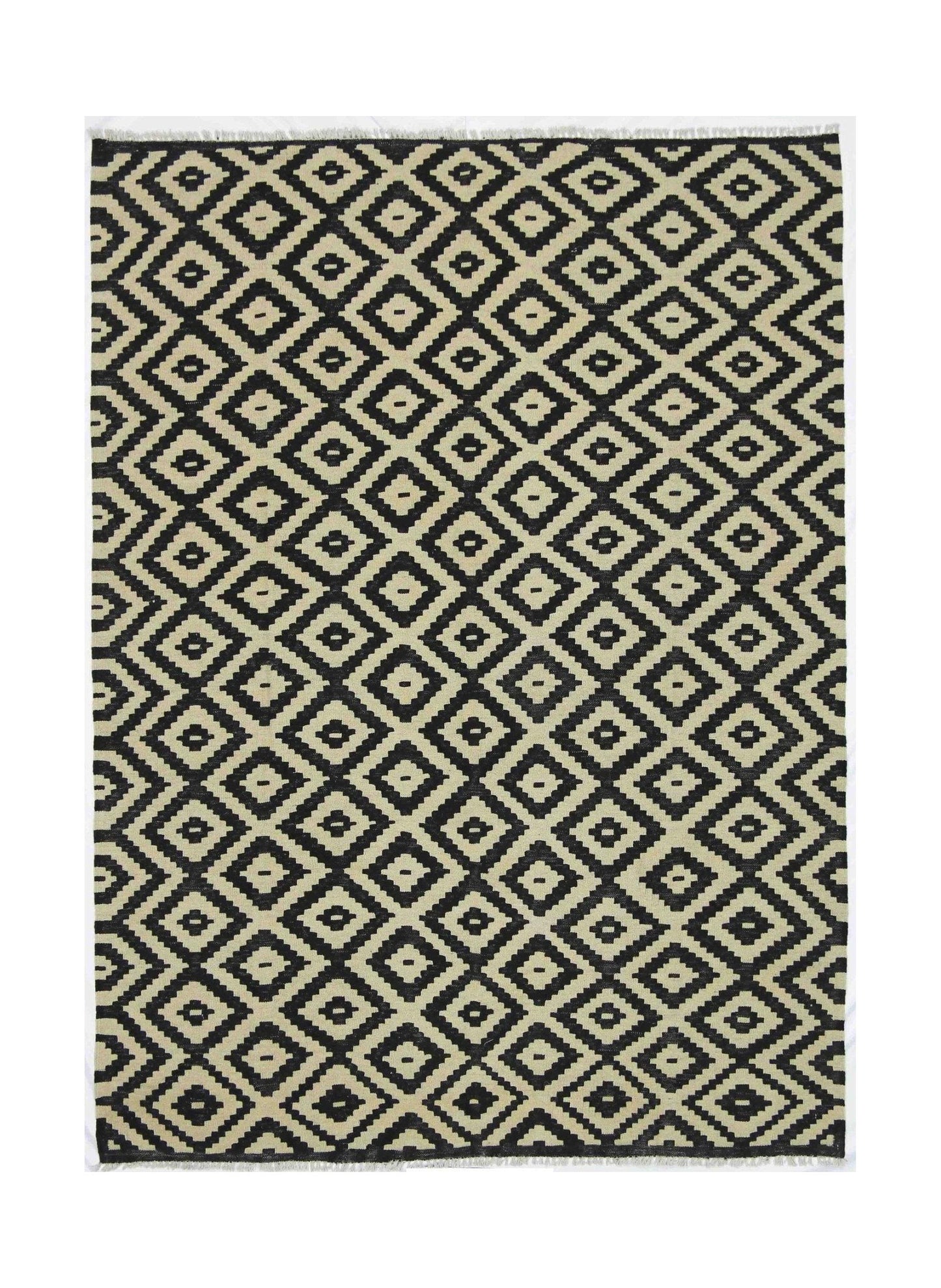 Handmade Afghan Maimana kilim rug featuring a black and beige geometric diamond pattern.