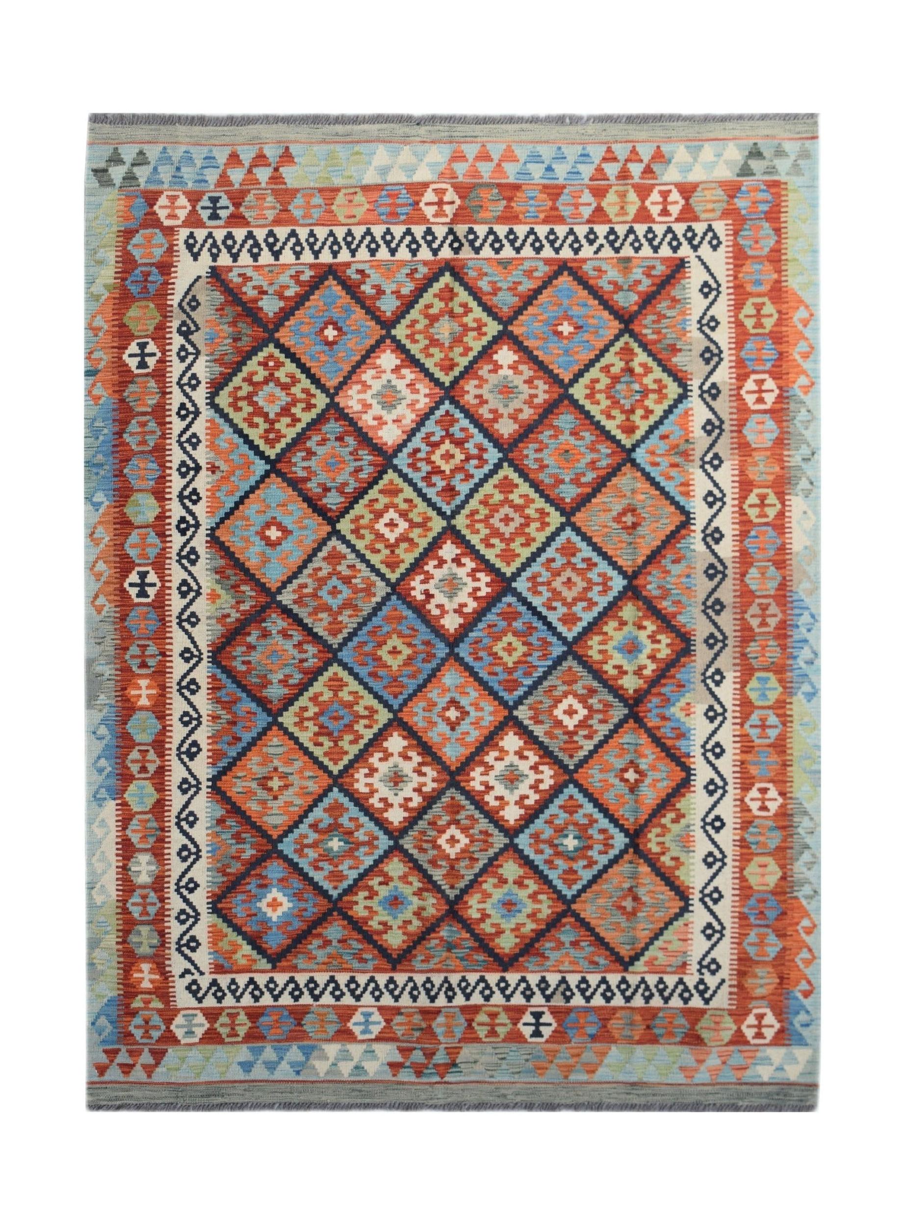 Handwoven Afghan Maimana kilim rug featuring a colorful geometric diamond pattern.