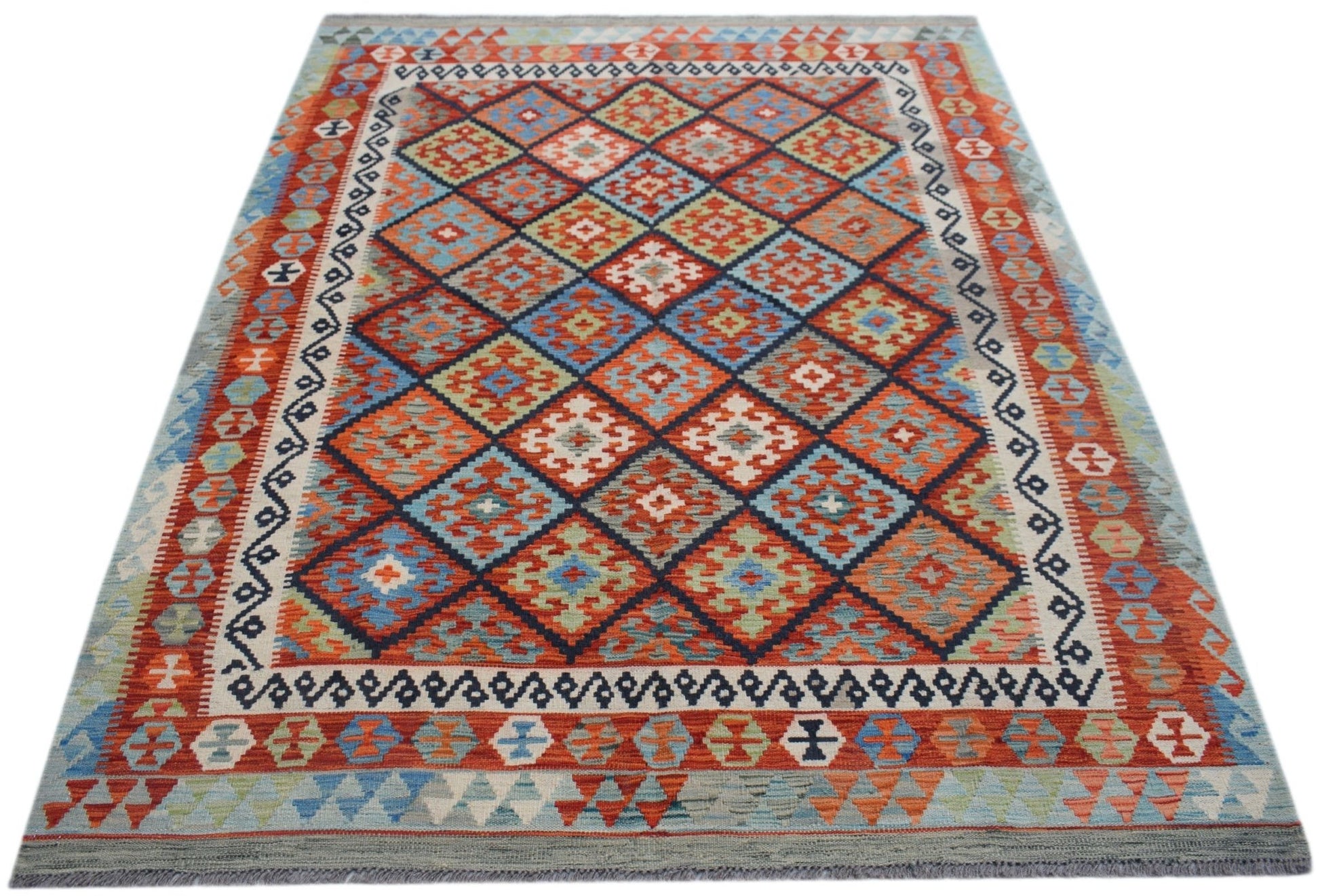 Handwoven Afghan Maimana kilim rug featuring a colorful geometric diamond pattern in wool.