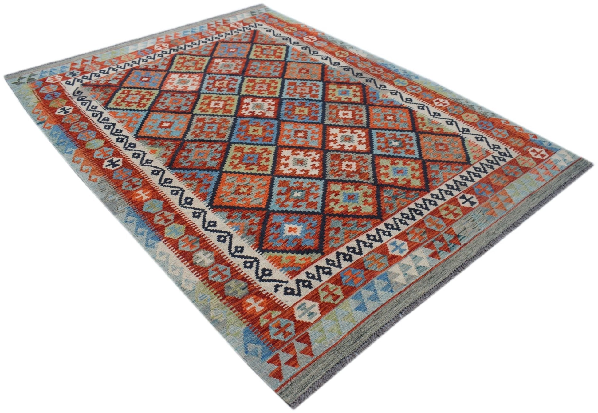 Handwoven Afghan Maimana kilim rug featuring a colorful geometric diamond pattern.