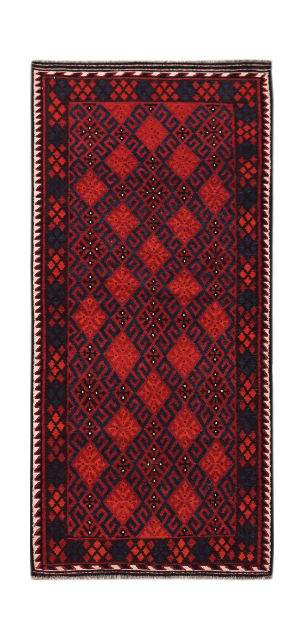 Handwoven Afghan Maimana kilim featuring a geometric diamond pattern in red and dark blue wool.