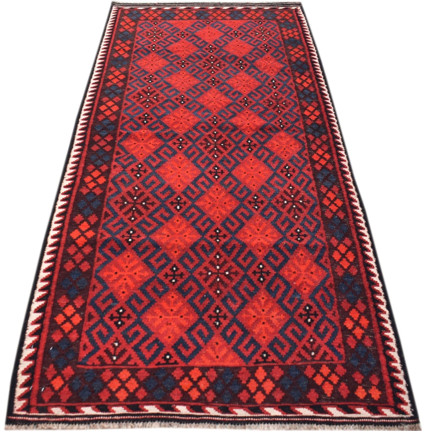 Handwoven Afghan Maimana Kilim runner featuring a geometric red and blue diamond pattern.