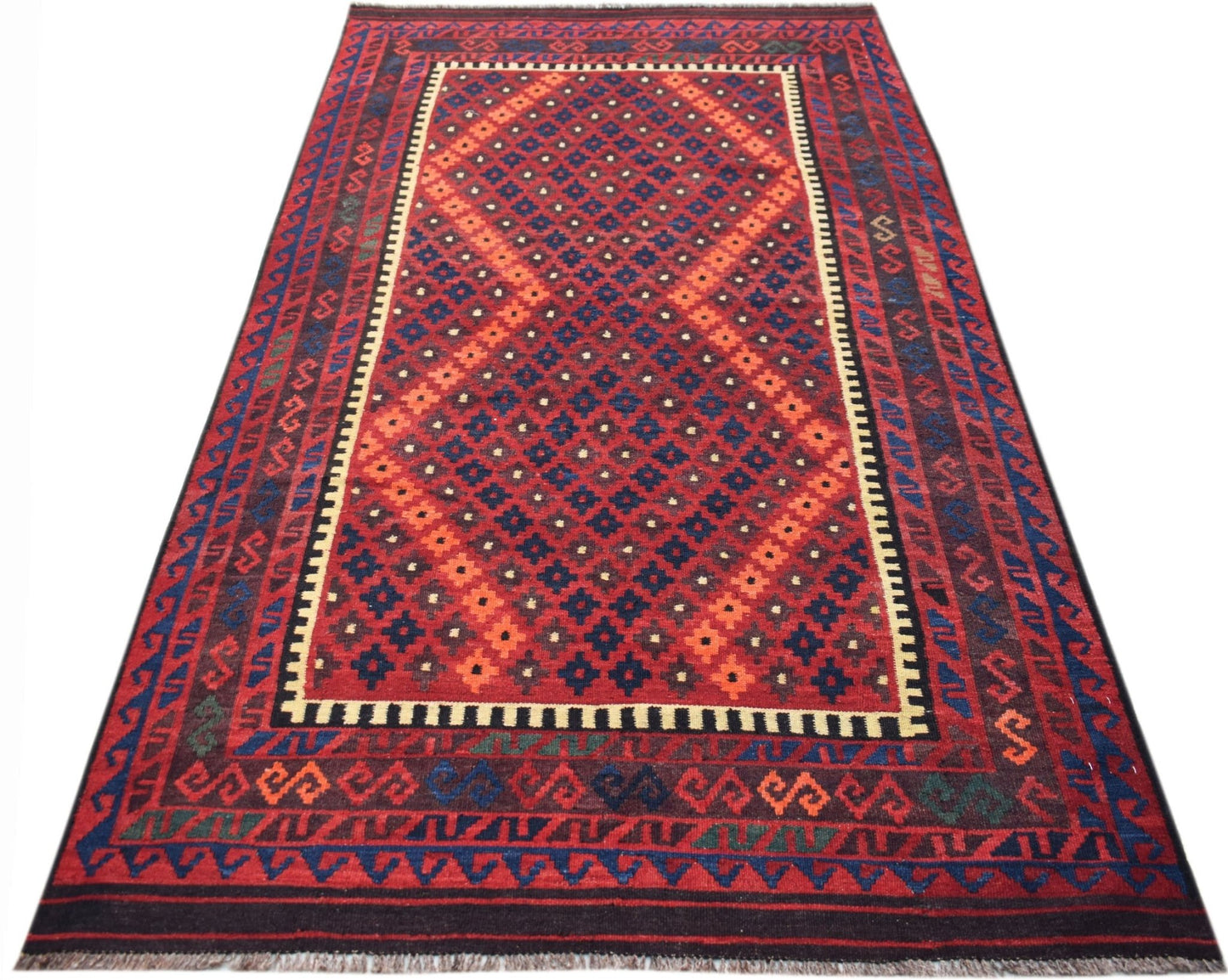 Handwoven Afghan Maimana kilim rug featuring a geometric diamond pattern in red and blue wool.