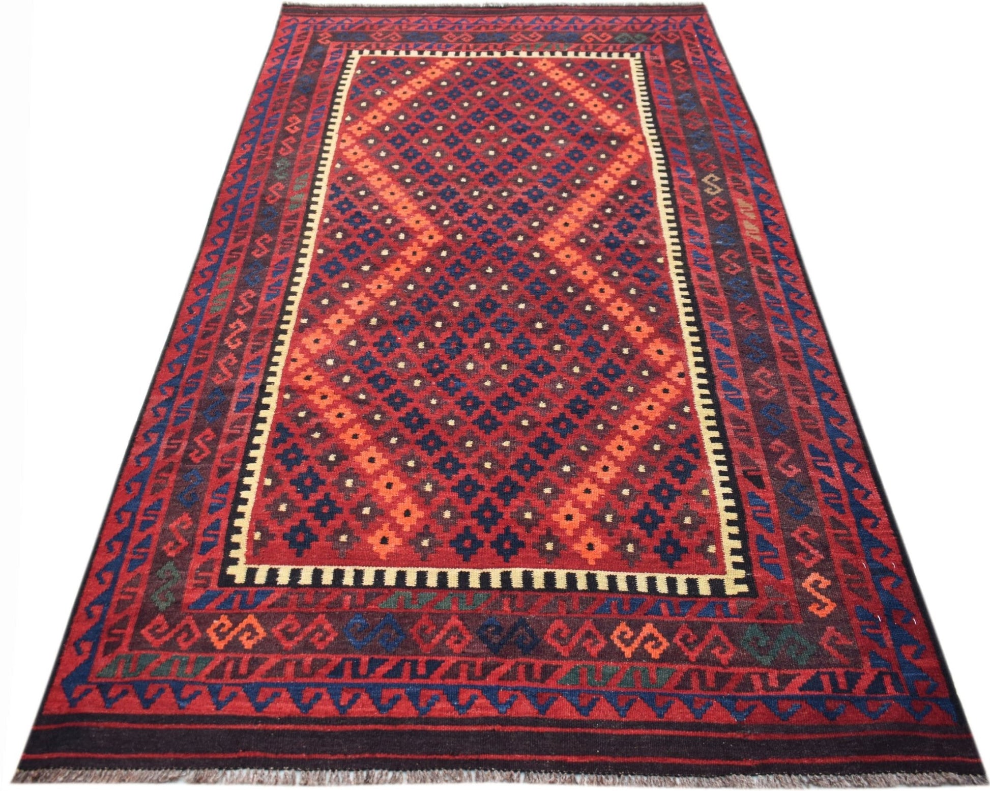 Handwoven Afghan Maimana kilim rug featuring a geometric diamond pattern in red and blue wool.