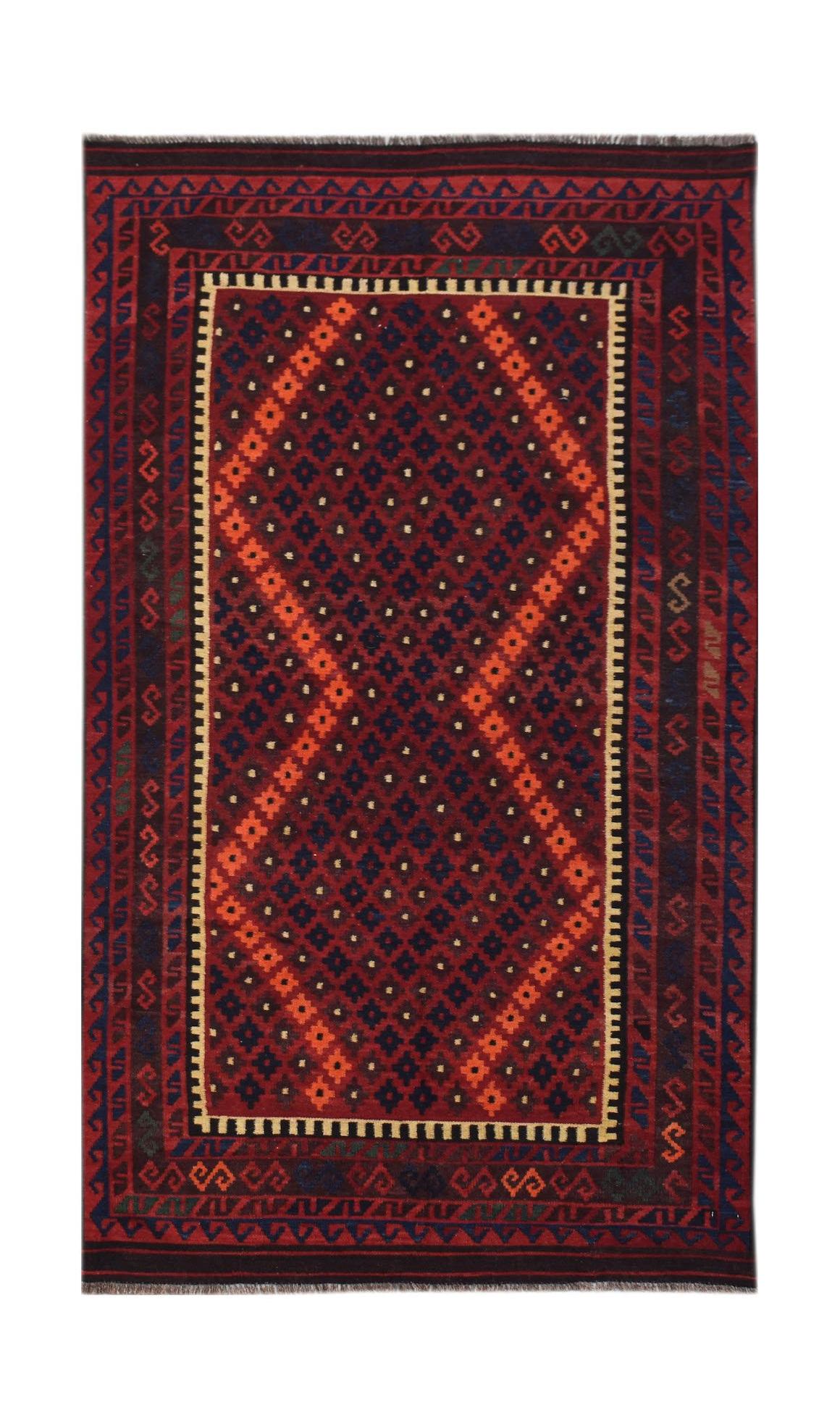 Handwoven Afghan Maimana kilim rug featuring a geometric pattern in red, blue, and cream tones.