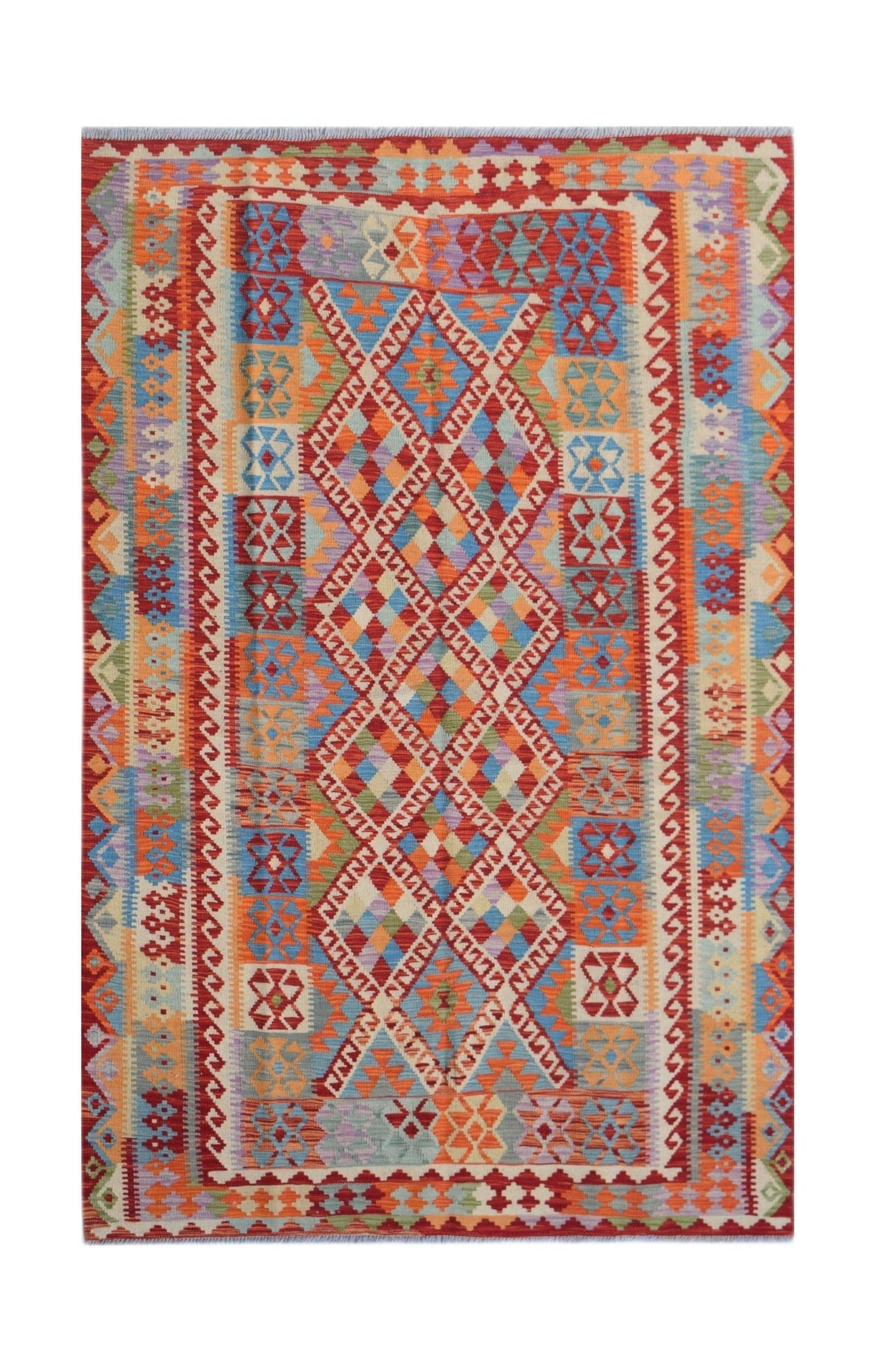 Handwoven Afghan Maimana kilim rug featuring a vibrant geometric pattern in multi-colored wool.