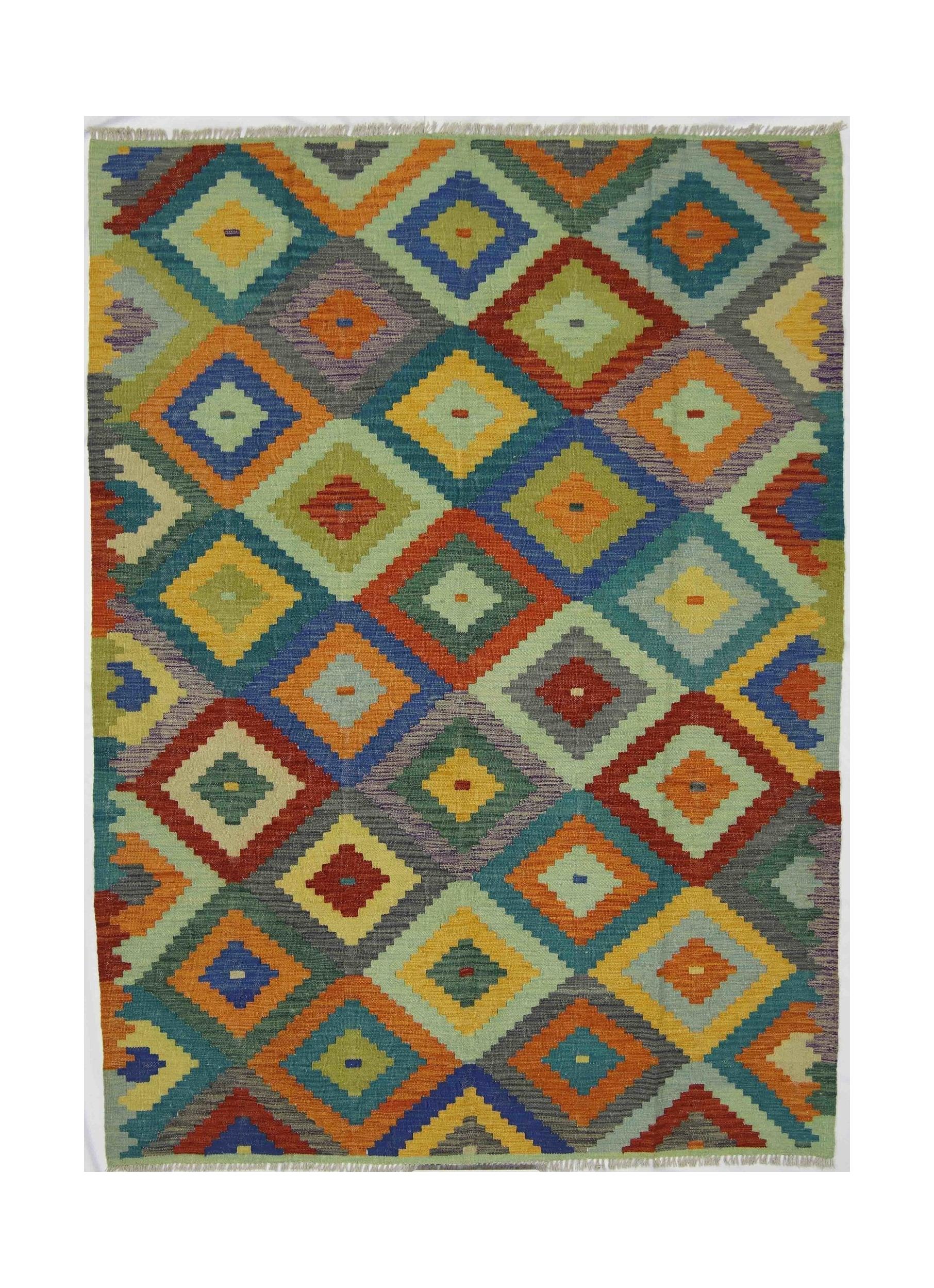 Handmade Afghan Maimana kilim rug featuring a vibrant geometric diamond pattern in wool.