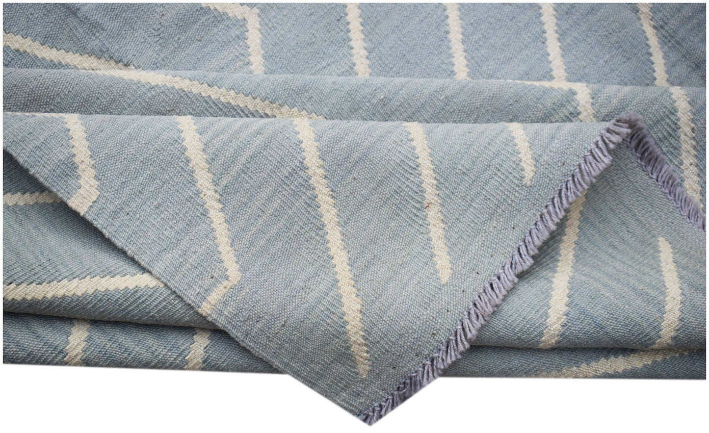 Afghan Maimana Kilim with a blue and white geometric pattern.