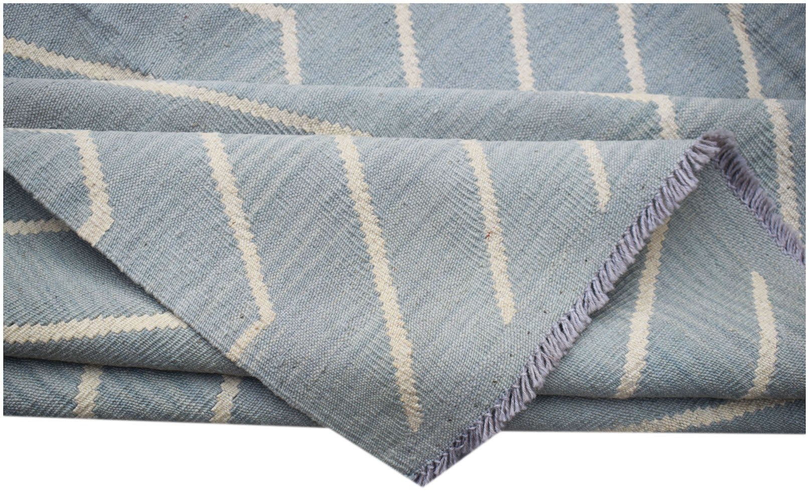 Afghan Maimana Kilim with a blue and white geometric pattern.