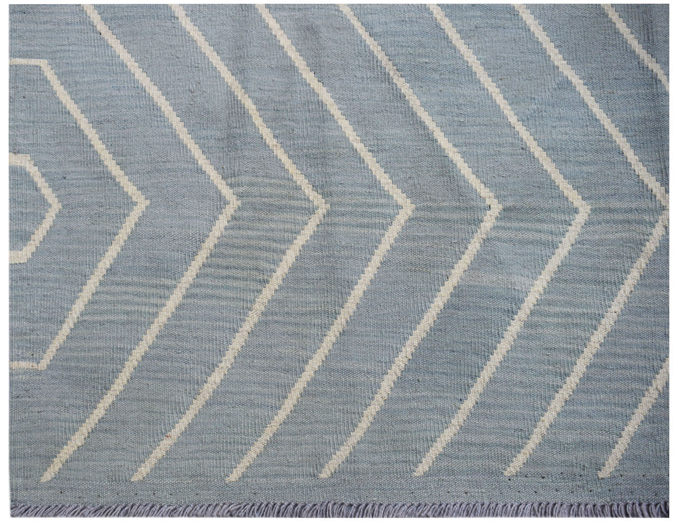 Afghan Maimana Kilim with a blue and white geometric pattern.
