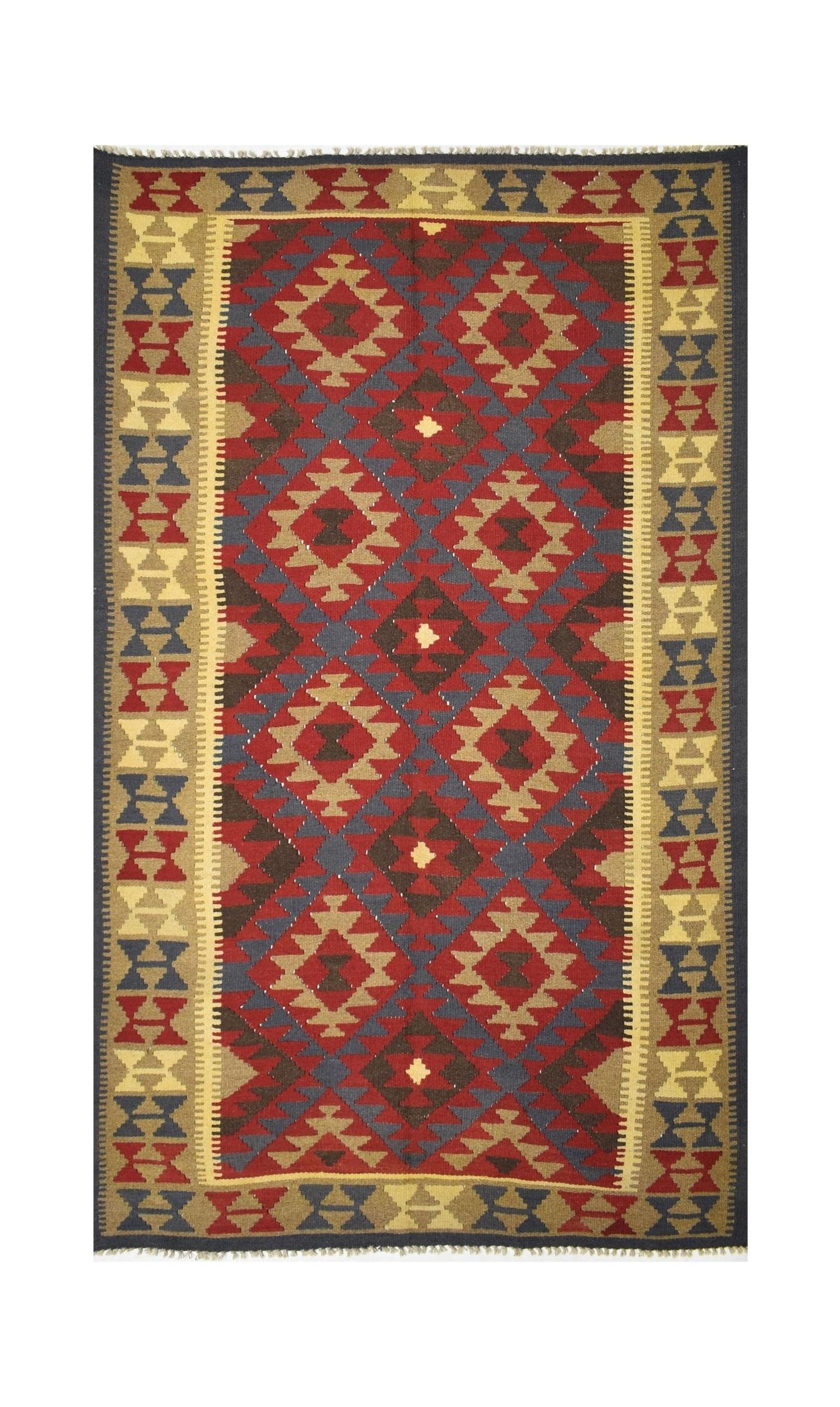 Handmade Afghan Maimana kilim rug featuring a geometric diamond pattern in red, blue, and tan.