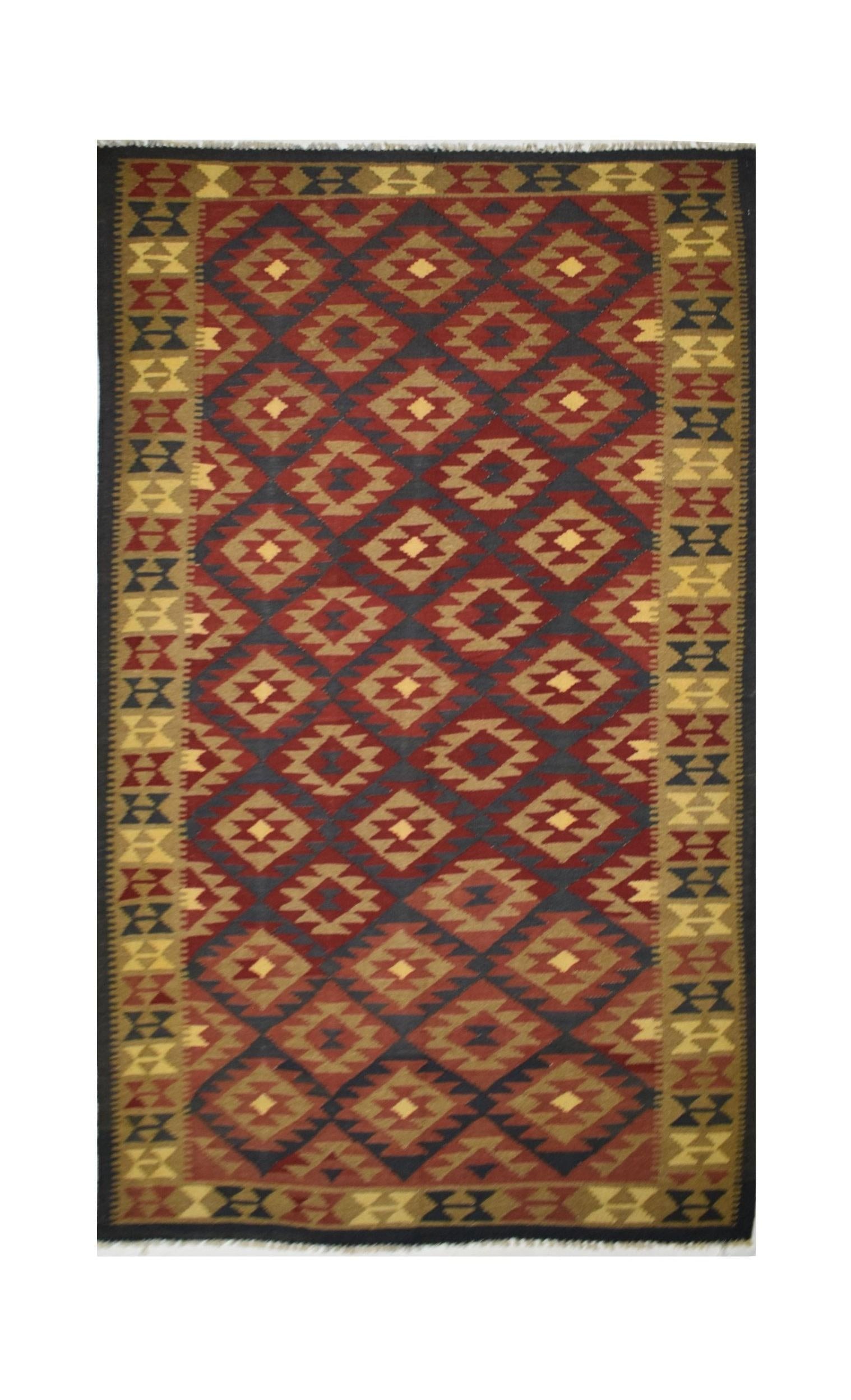 Handmade Afghan Maimana kilim rug featuring a geometric diamond pattern in red, tan, and blue.
