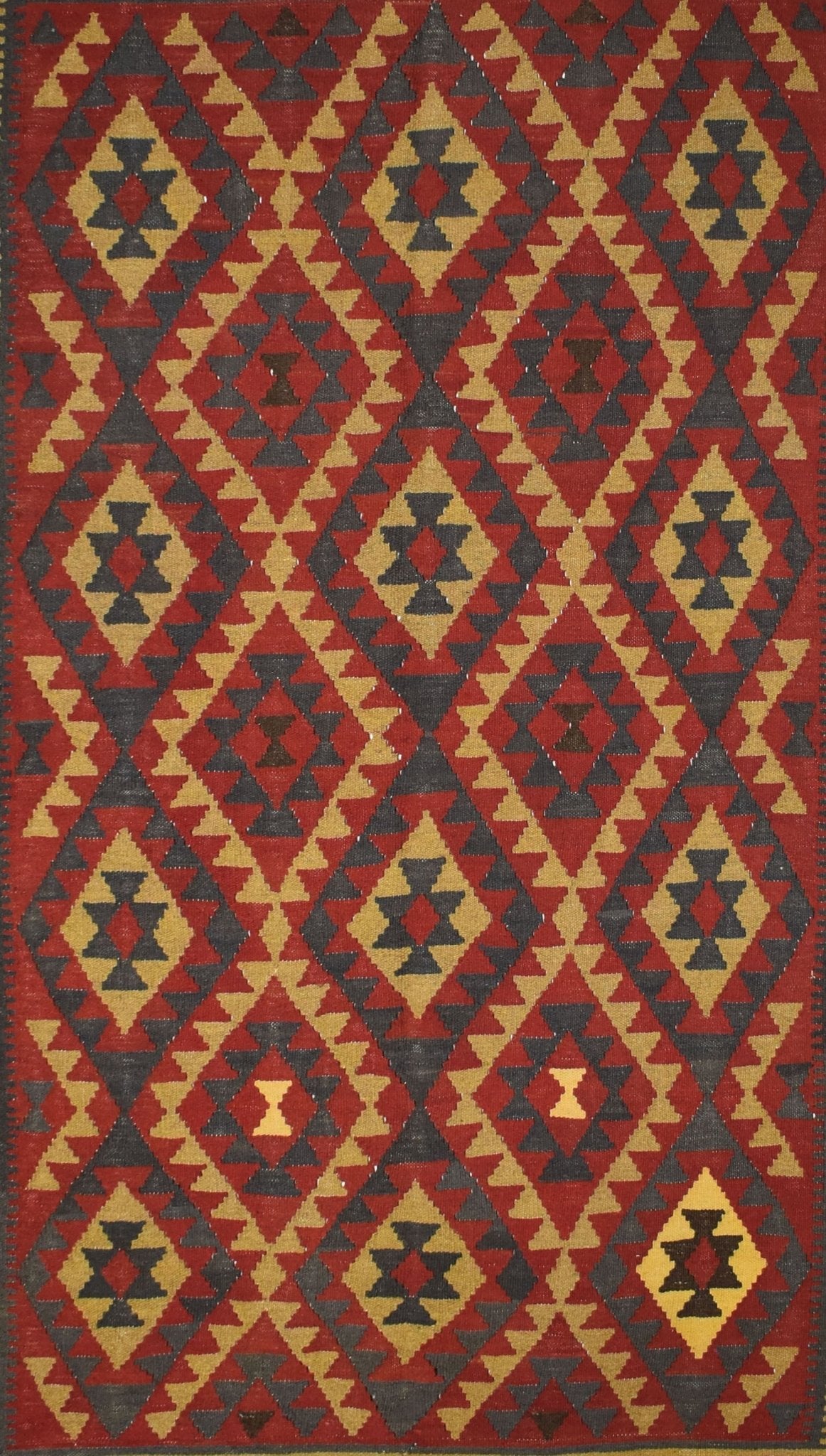 Handmade Afghan Maimana kilim rug featuring a repeating geometric diamond pattern in red and gold.