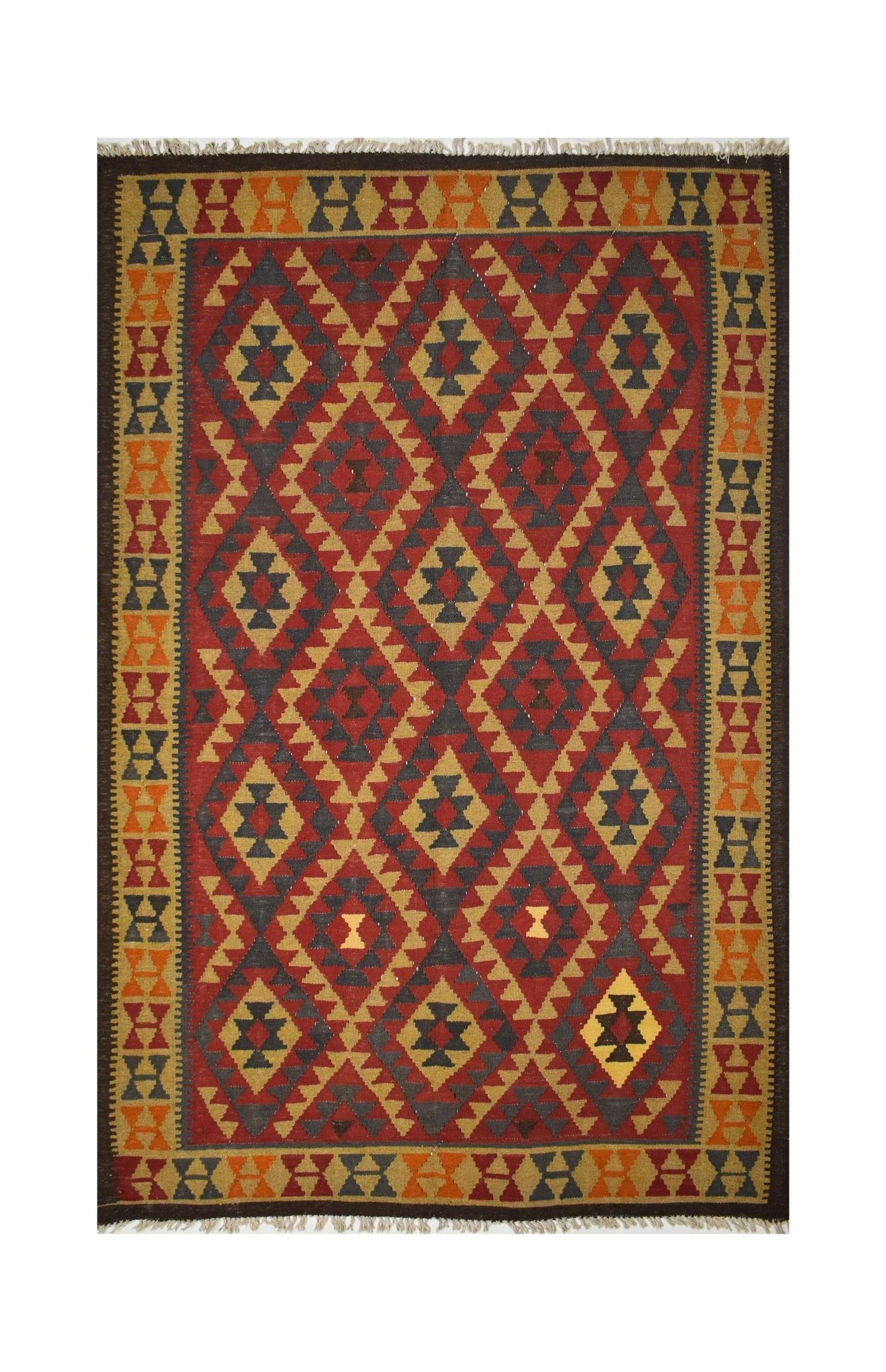 Handmade Afghan Maimana kilim rug featuring a geometric diamond pattern in red, gold, and charcoal.