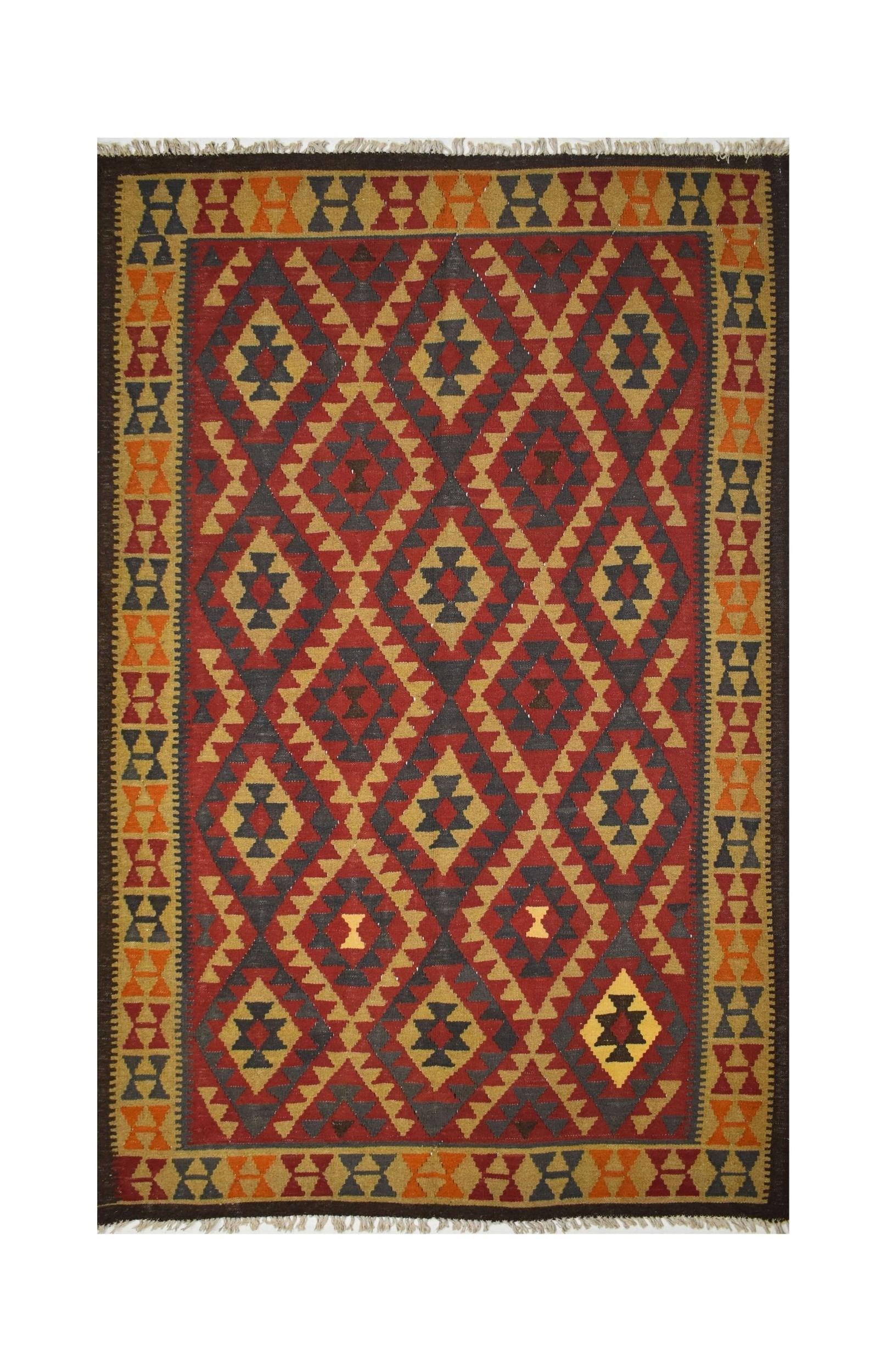 Handmade Afghan Maimana kilim rug featuring a geometric diamond pattern in red, gold, and charcoal.