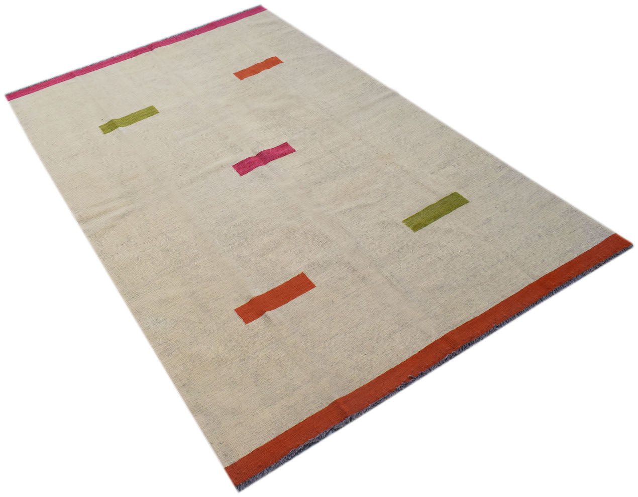 Handwoven Afghan Maimana kilim rug with a cream base and colorful geometric accents.