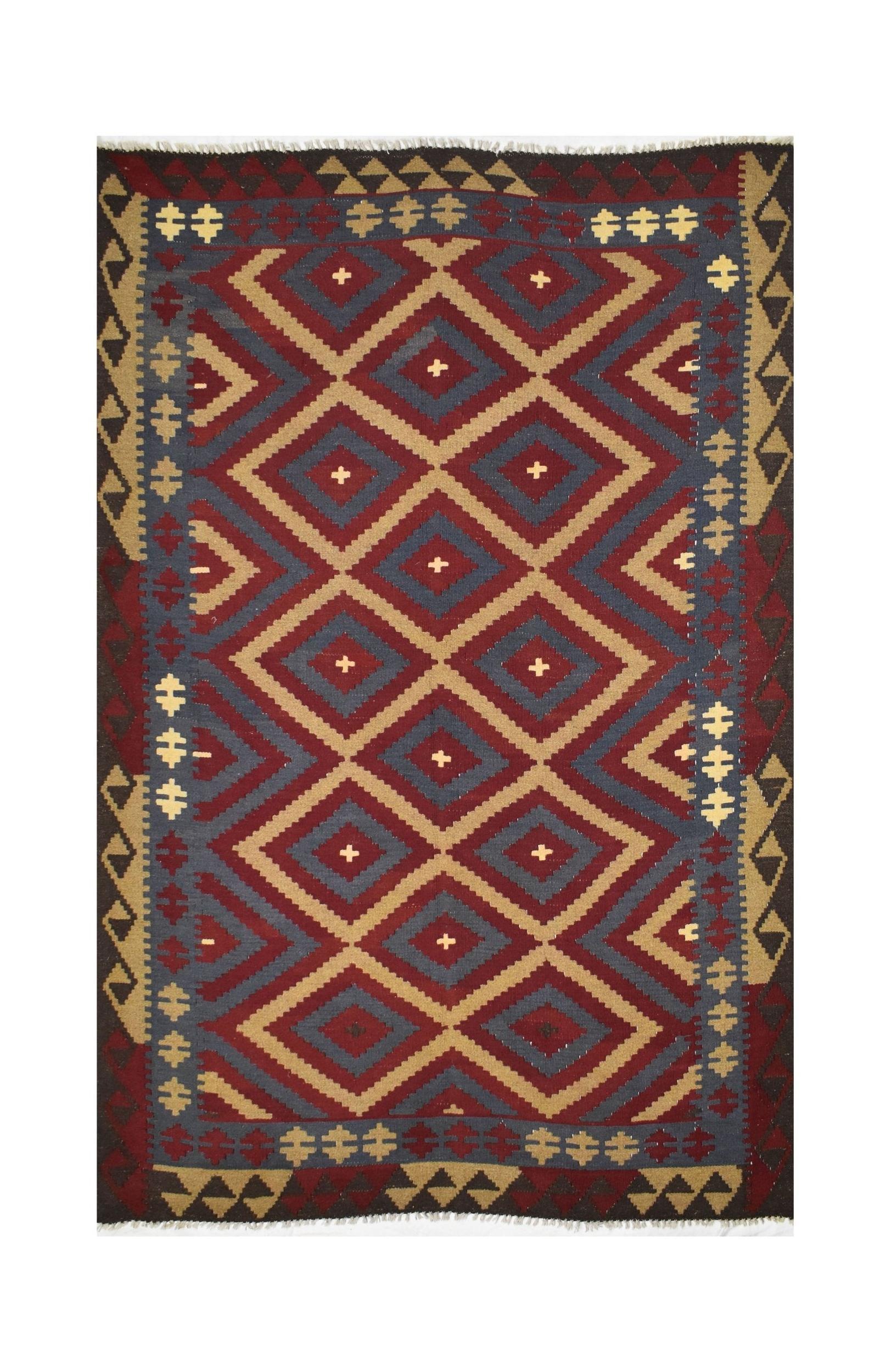 Handmade Afghan Maimana kilim rug featuring a geometric diamond pattern in red, blue, and tan.