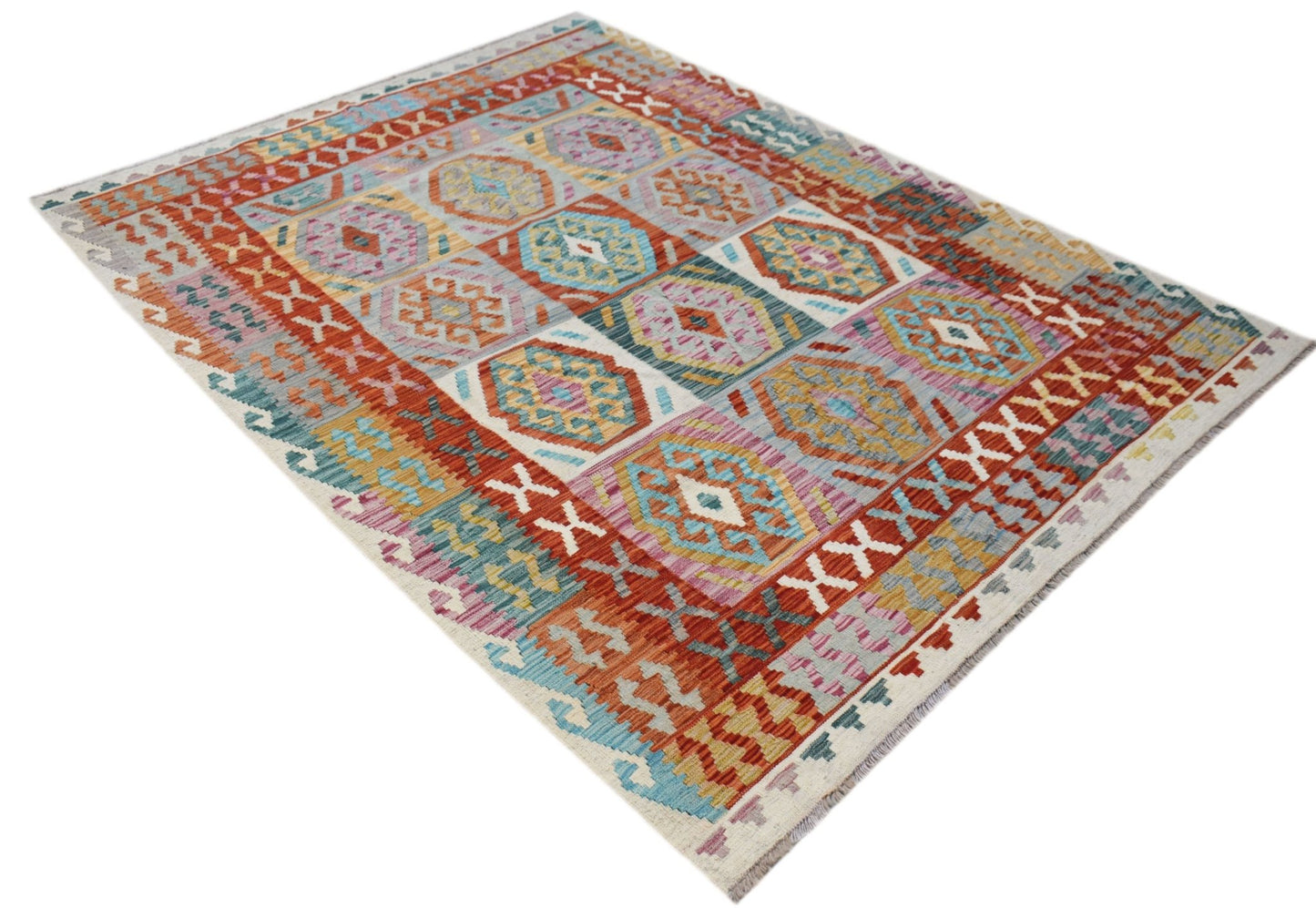 Handwoven Afghan Maimana kilim rug featuring a colorful geometric pattern in wool.