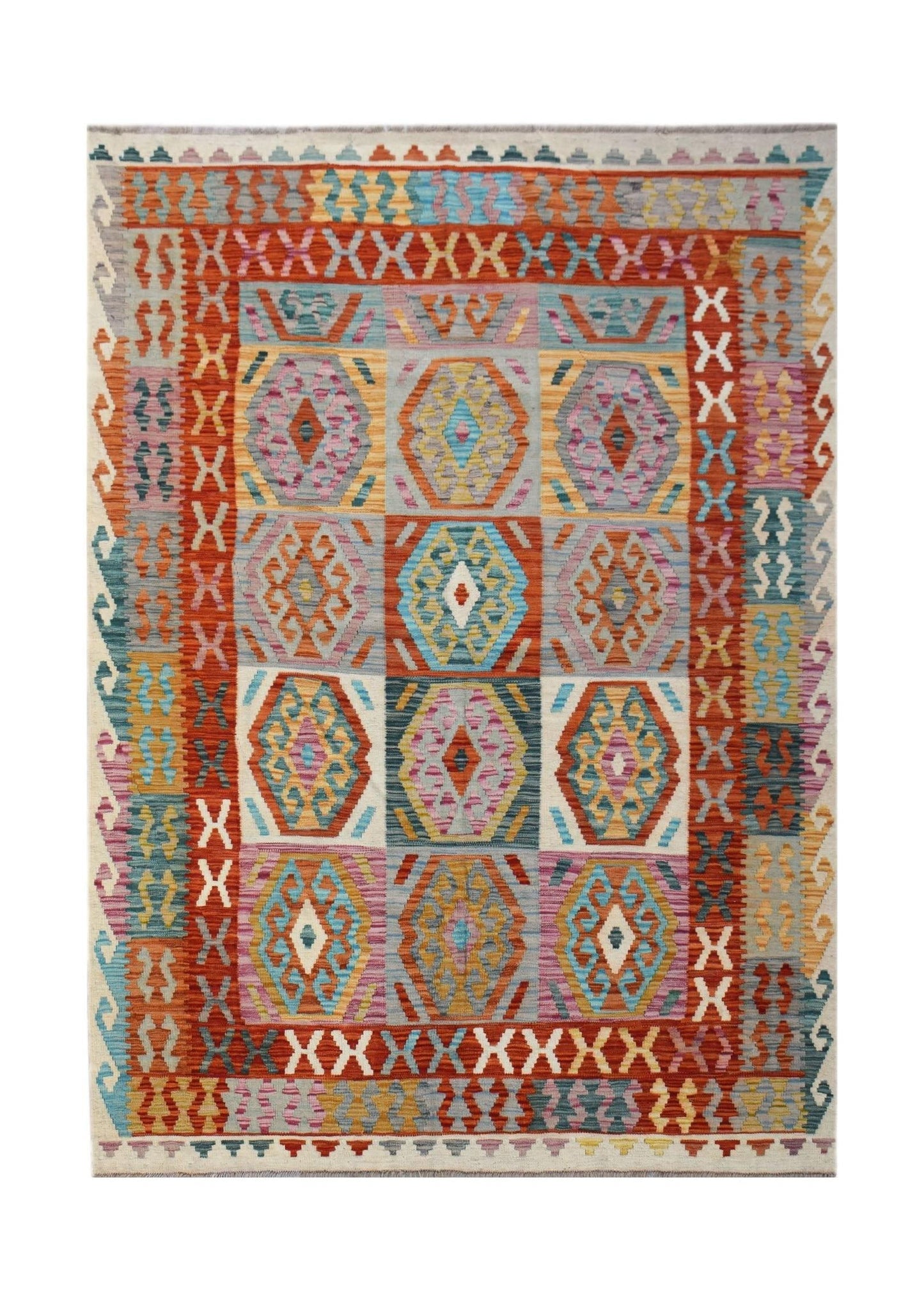 Handwoven Afghan Maimana kilim rug featuring a colorful geometric pattern in a flatweave style.