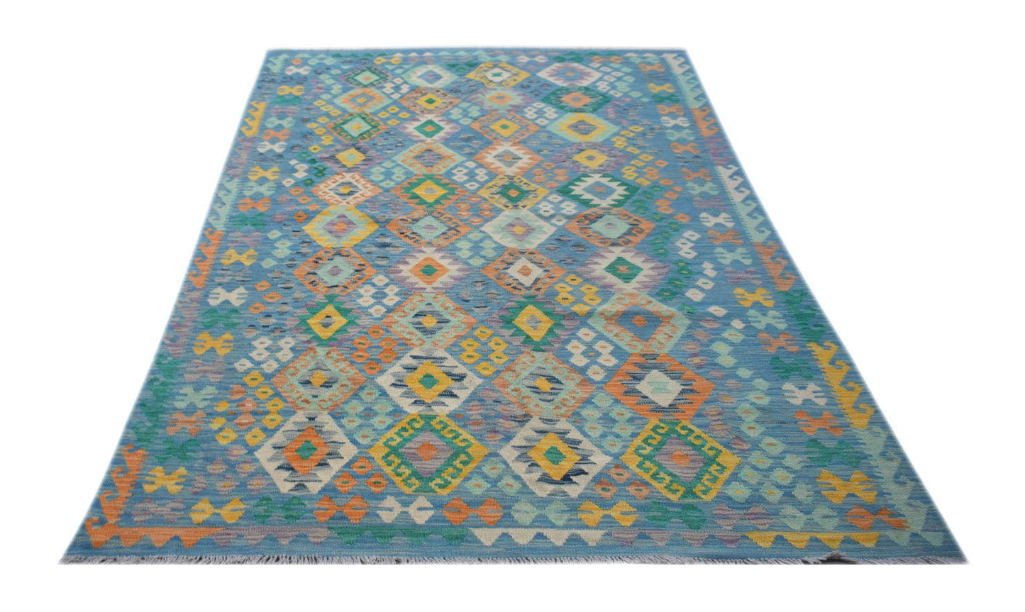 Handmade Afghan Maimana kilim rug featuring a blue background with colorful geometric patterns.