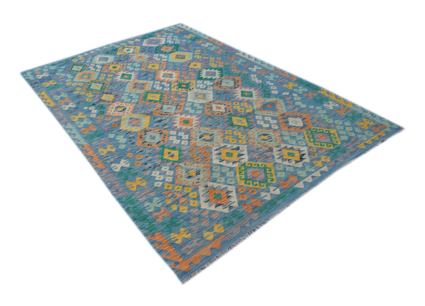 A rectangular Afghan Maimana kilim rug featuring a blue background with colorful geometric patterns.