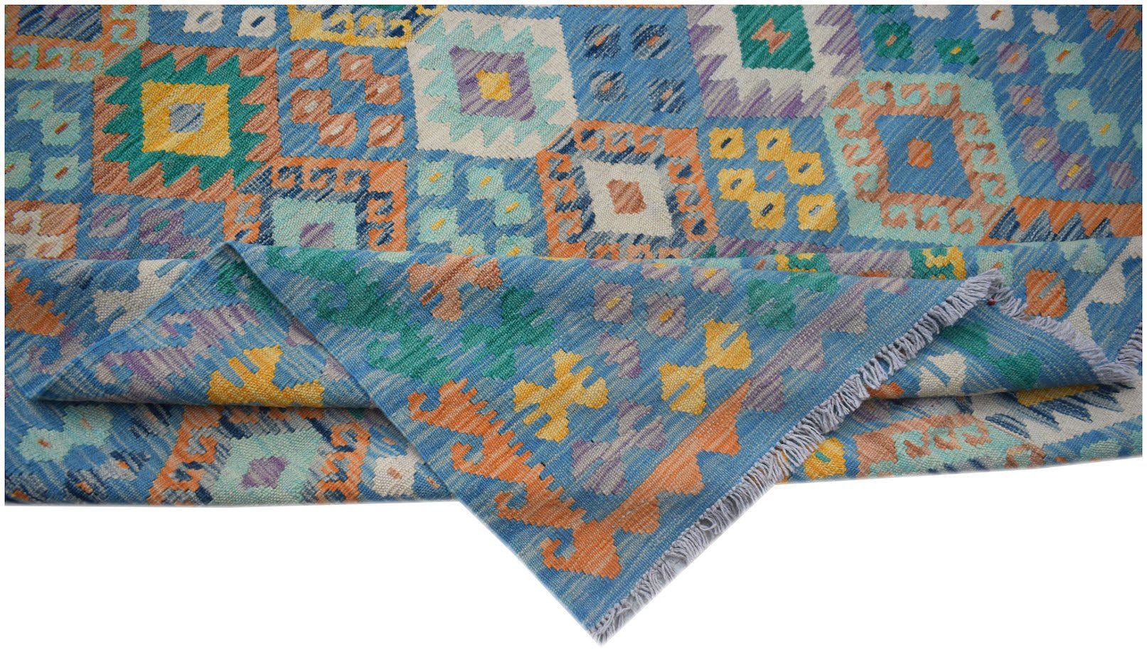Handwoven Afghan Maimana kilim rug featuring a colorful geometric pattern on a blue background.