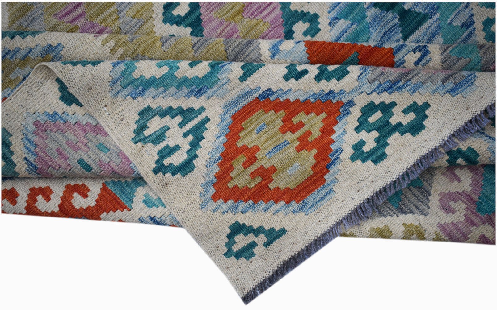 Handwoven Afghan Maimana kilim rug featuring a geometric pattern in vibrant multicolored wool.