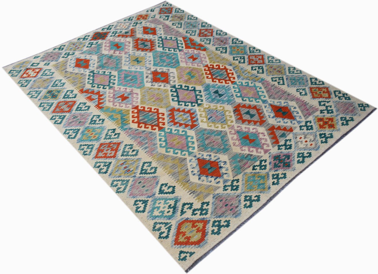 Handwoven Afghan Maimana kilim rug featuring a colorful geometric diamond pattern in wool.