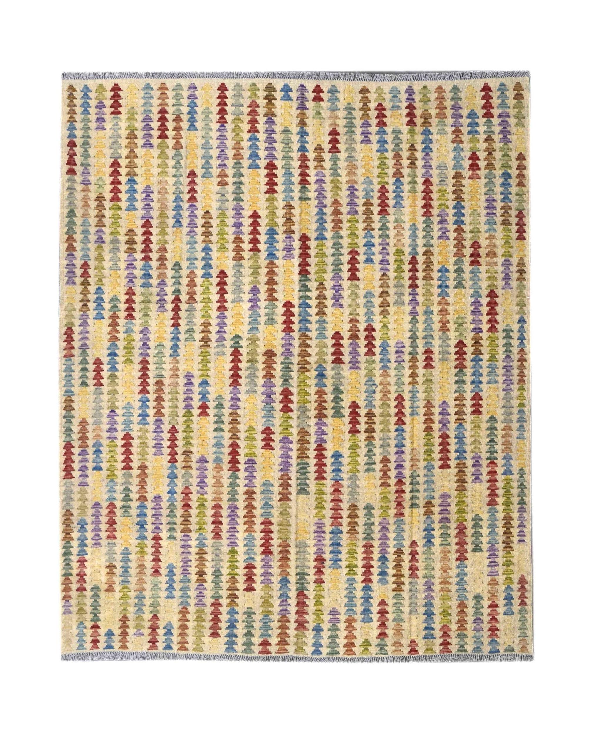 Handmade Afghan Maimana kilim rug featuring a colorful geometric pattern on a cream background.