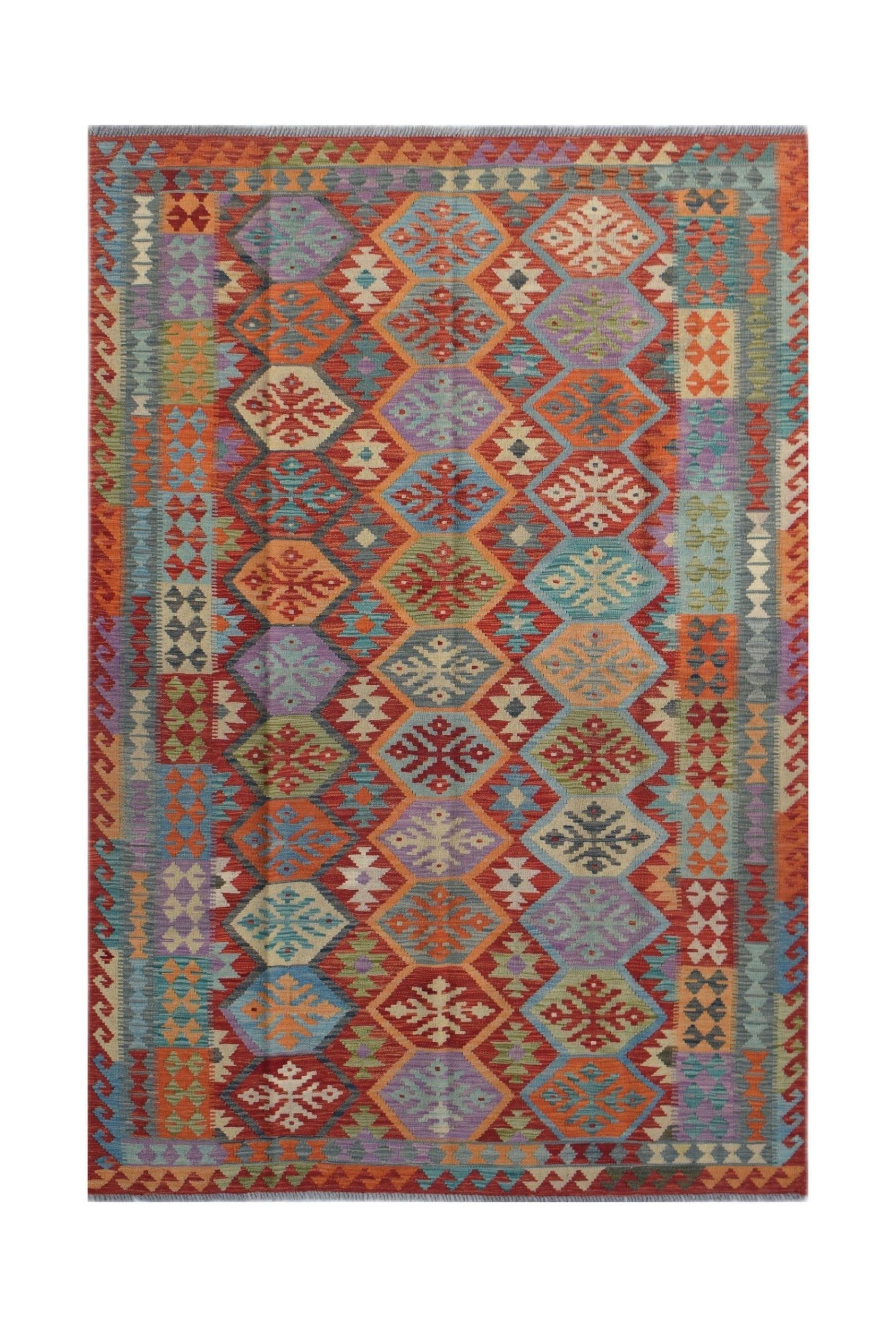 Handwoven Afghan Maimana kilim rug featuring a colorful geometric diamond pattern in wool.