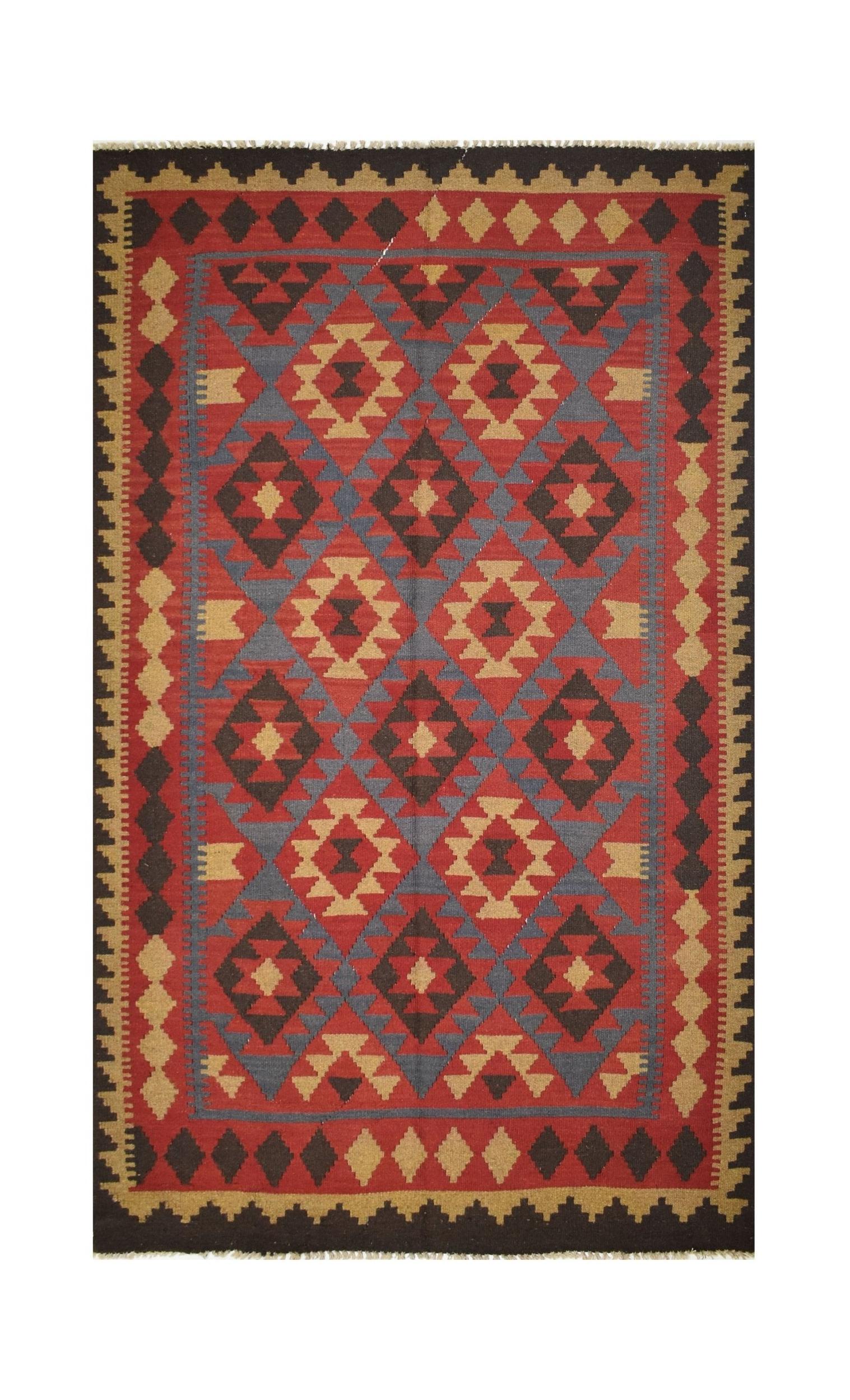 Handmade Afghan Maimana kilim rug featuring a geometric diamond pattern in red, blue, and tan.