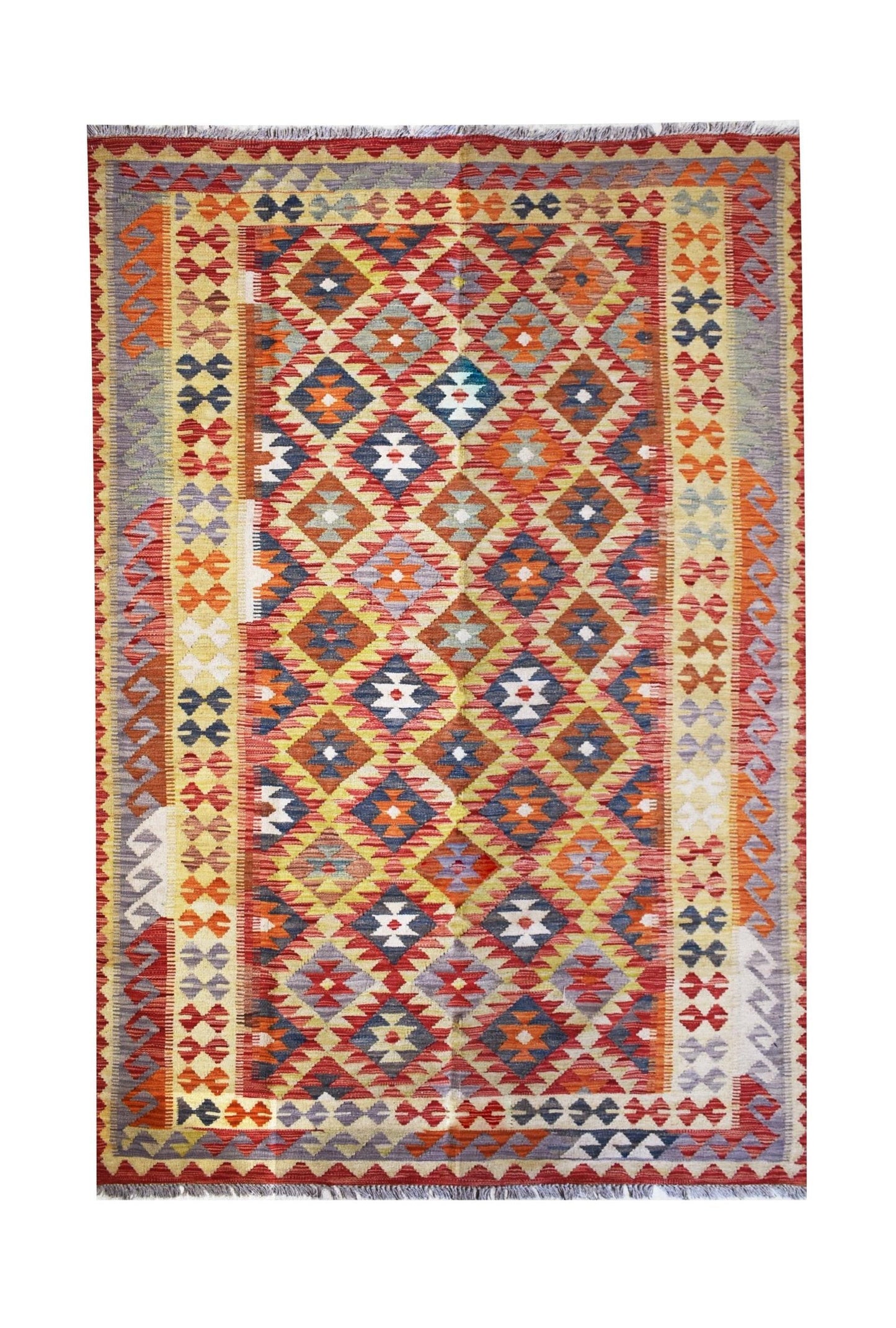 Handmade Afghan Maimana kilim rug featuring a vibrant geometric diamond pattern in wool.