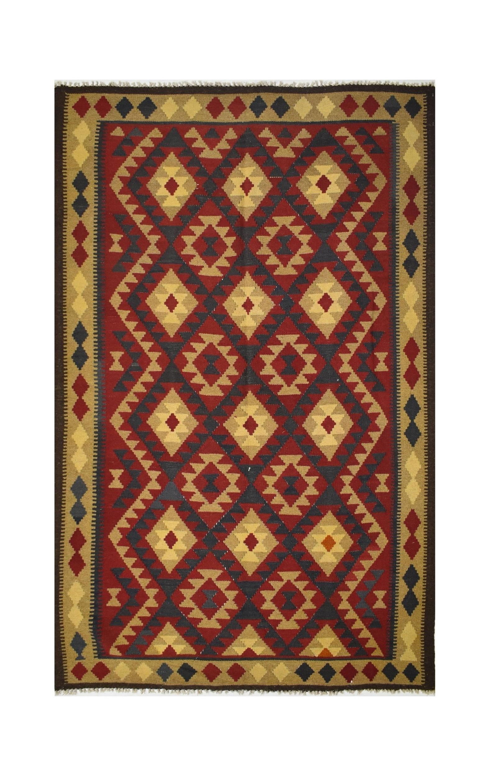 Handmade Afghan Maimana kilim rug featuring a geometric diamond pattern in red, tan, and charcoal.